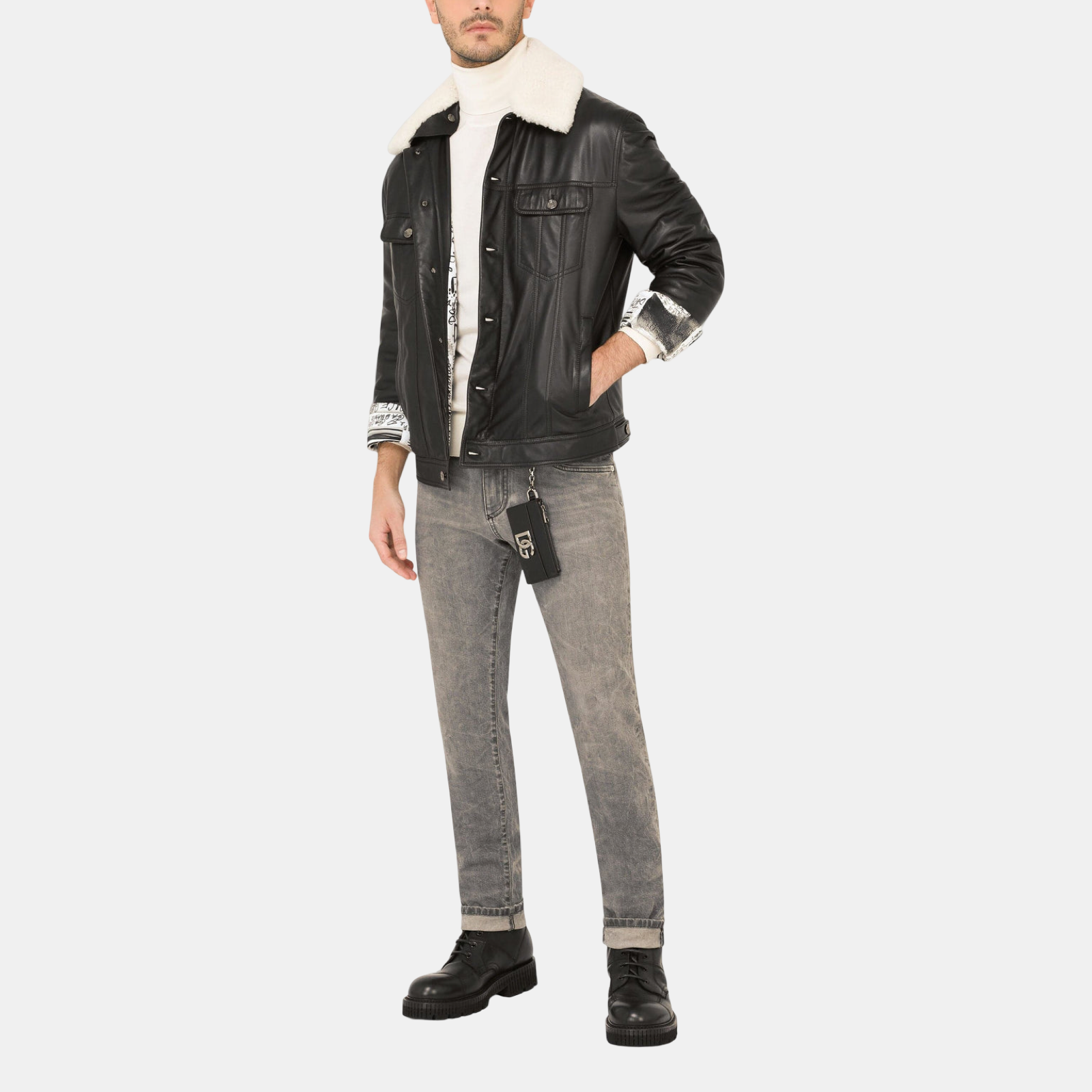 Dolce & Gabbana Shearling Collar Men Leather Jacket G9VN0L HULLZ N0000 Front View