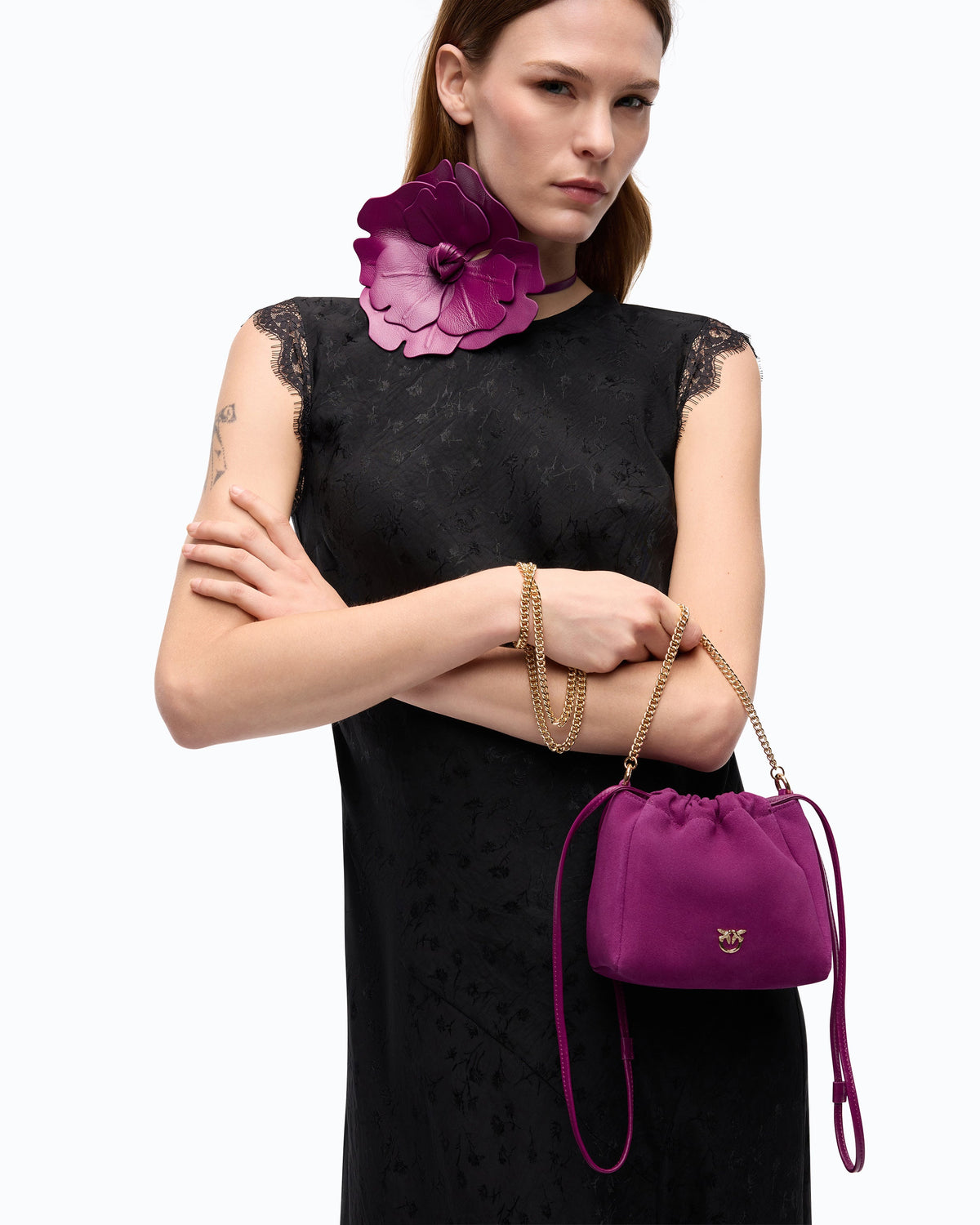 PINKO suede shoulder bucket bag with nappa leather flower 107678A3M6-N45Y purple Lifestyle view