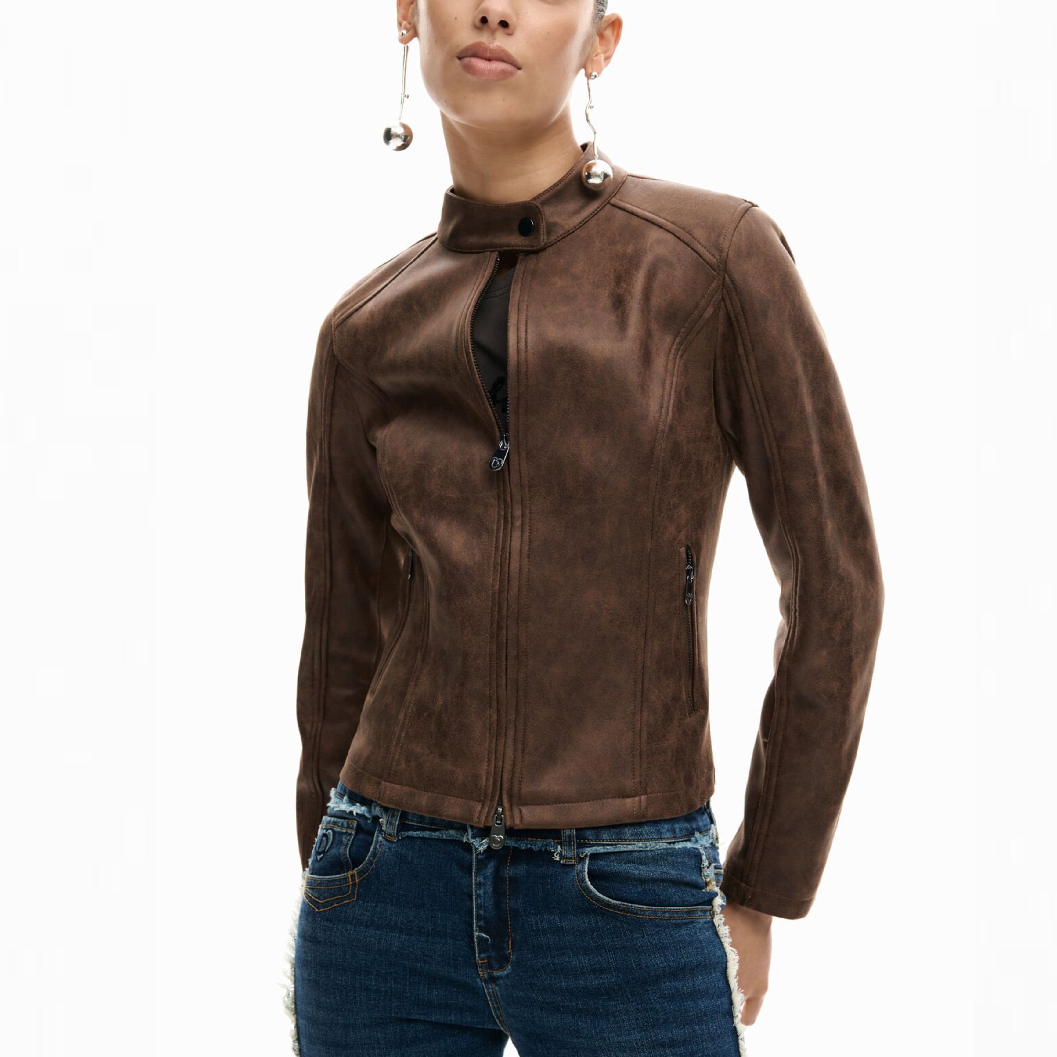 Дамско кожено яке Women’s leather jacket Desigual 26SWEW106029 Brown front view