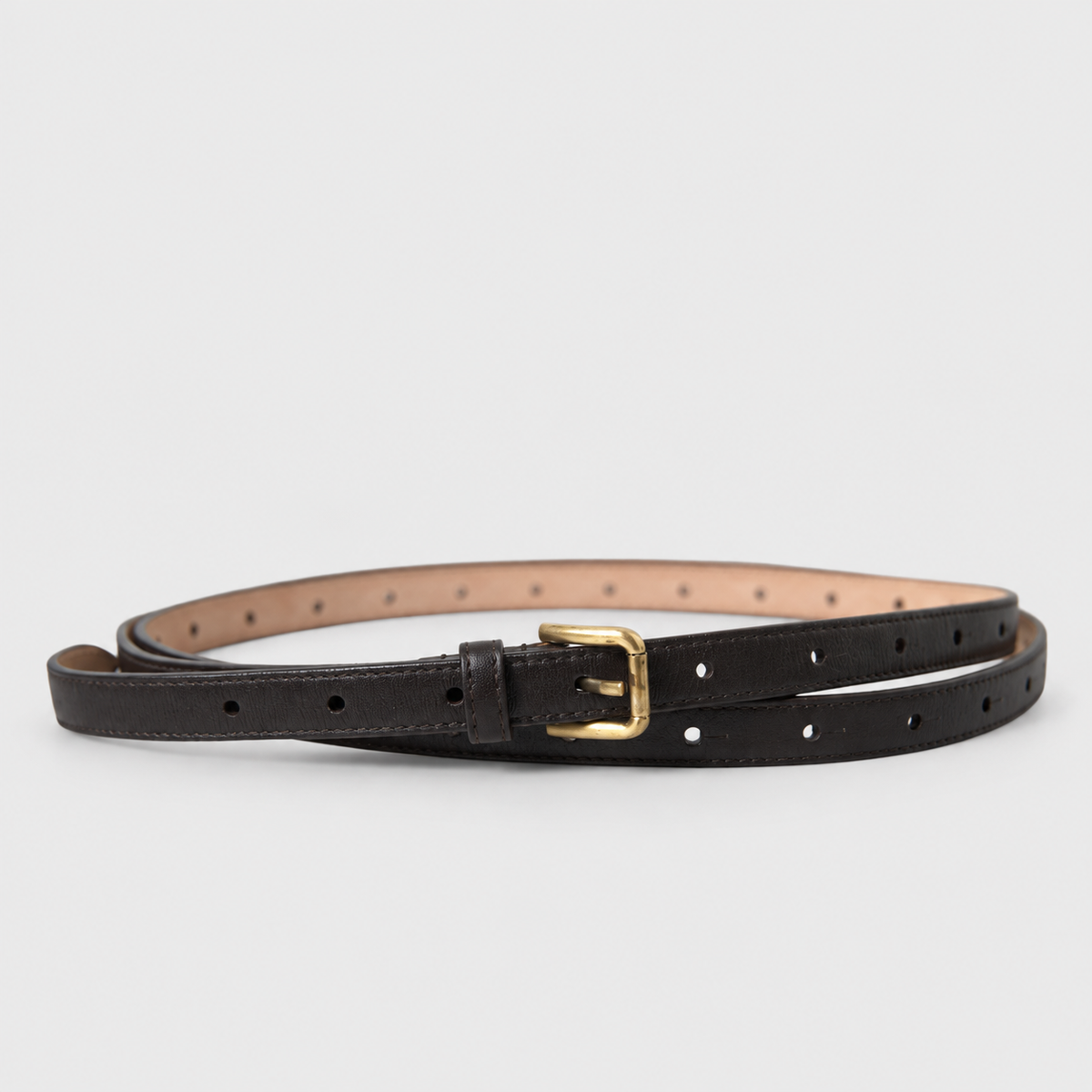 Dolce & Gabbana Black Leather Long Skinny Gold Metal Buckle Belt - studio view 3