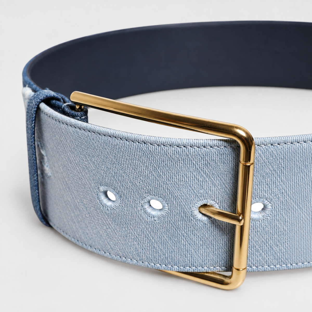 Dolce & Gabbana Two Tone Blue Denim Gold Metal Buckle Belt - studio view 4