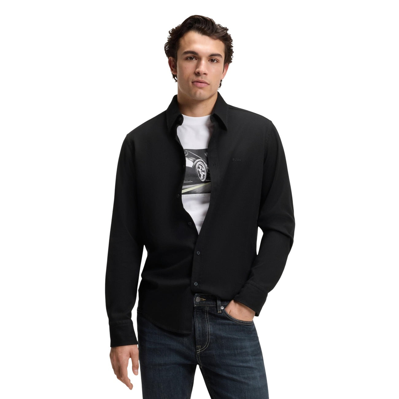 Мъжка черна риза Boss Men Shirt 50565600 001 Front View
