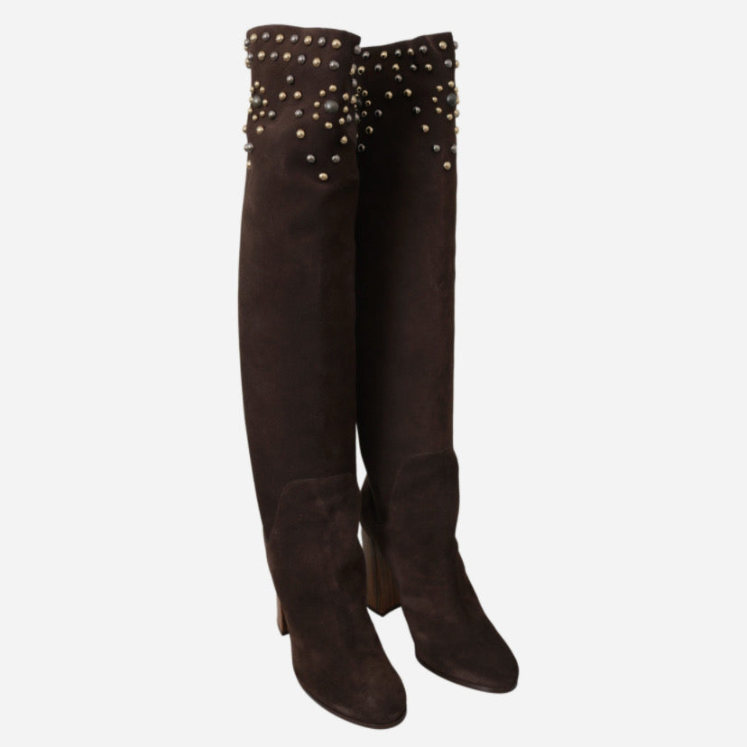 Дамски високи ботуши чизми от велур в кафяво с капси DOLCE & GABBANA Women’s Studded Brown Suede Knee Boots