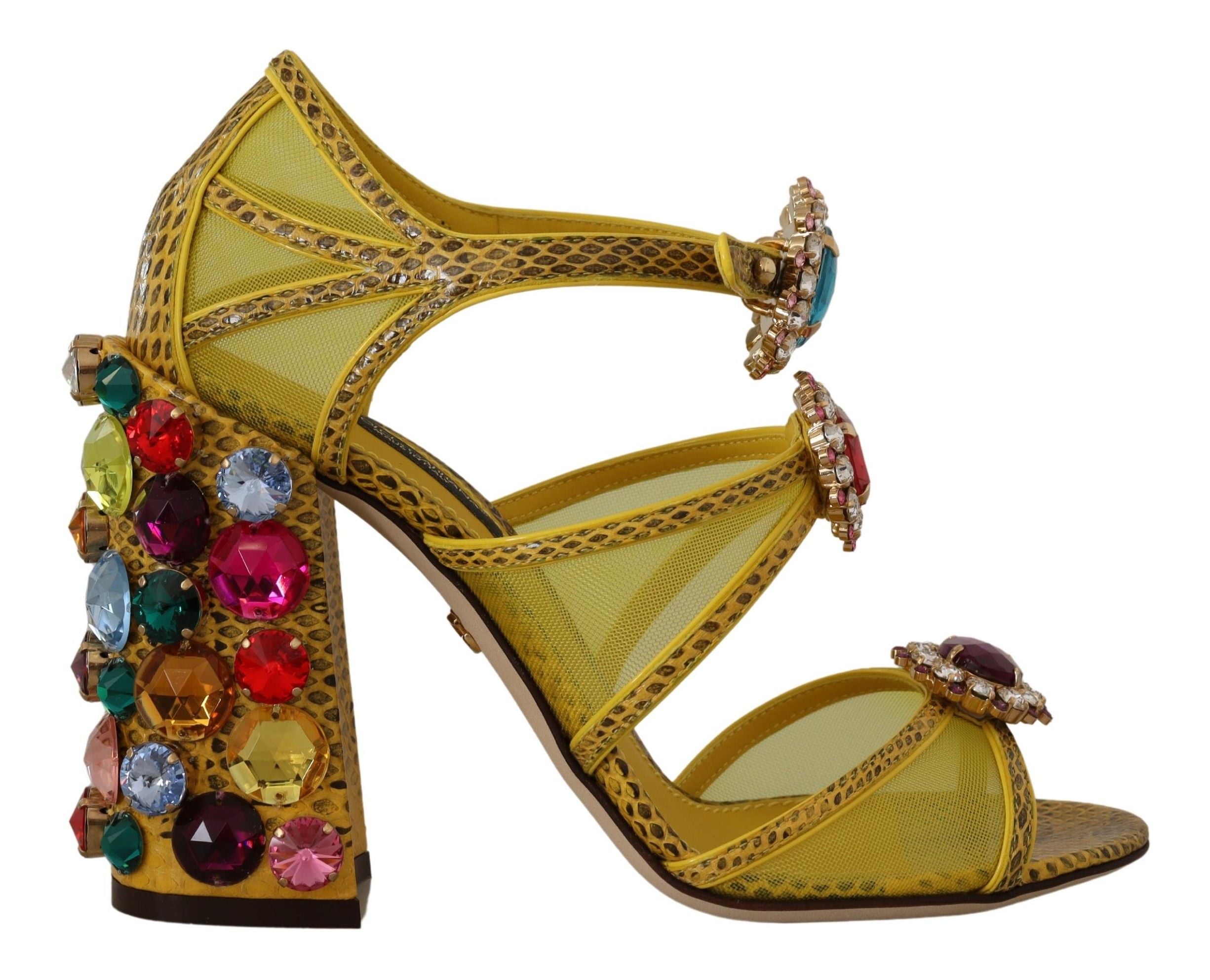 Зашеметяващи жълти кожени сандали Dolce &amp; Gabbana, украсени с кристали