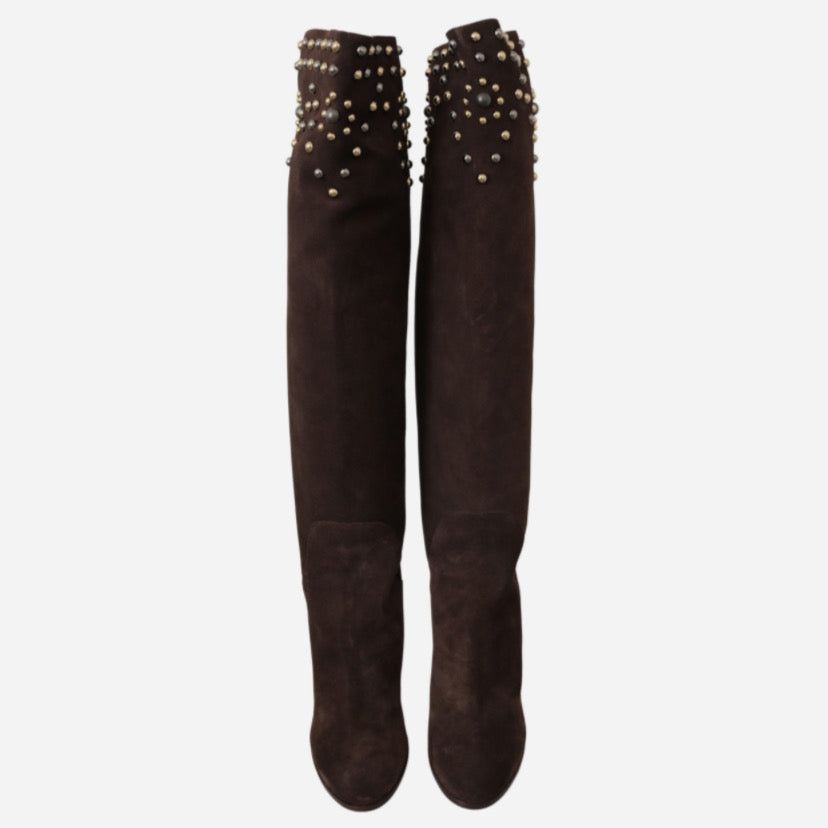 Дамски високи ботуши чизми от велур в кафяво с капси DOLCE & GABBANA Women’s Studded Brown Suede Knee Boots