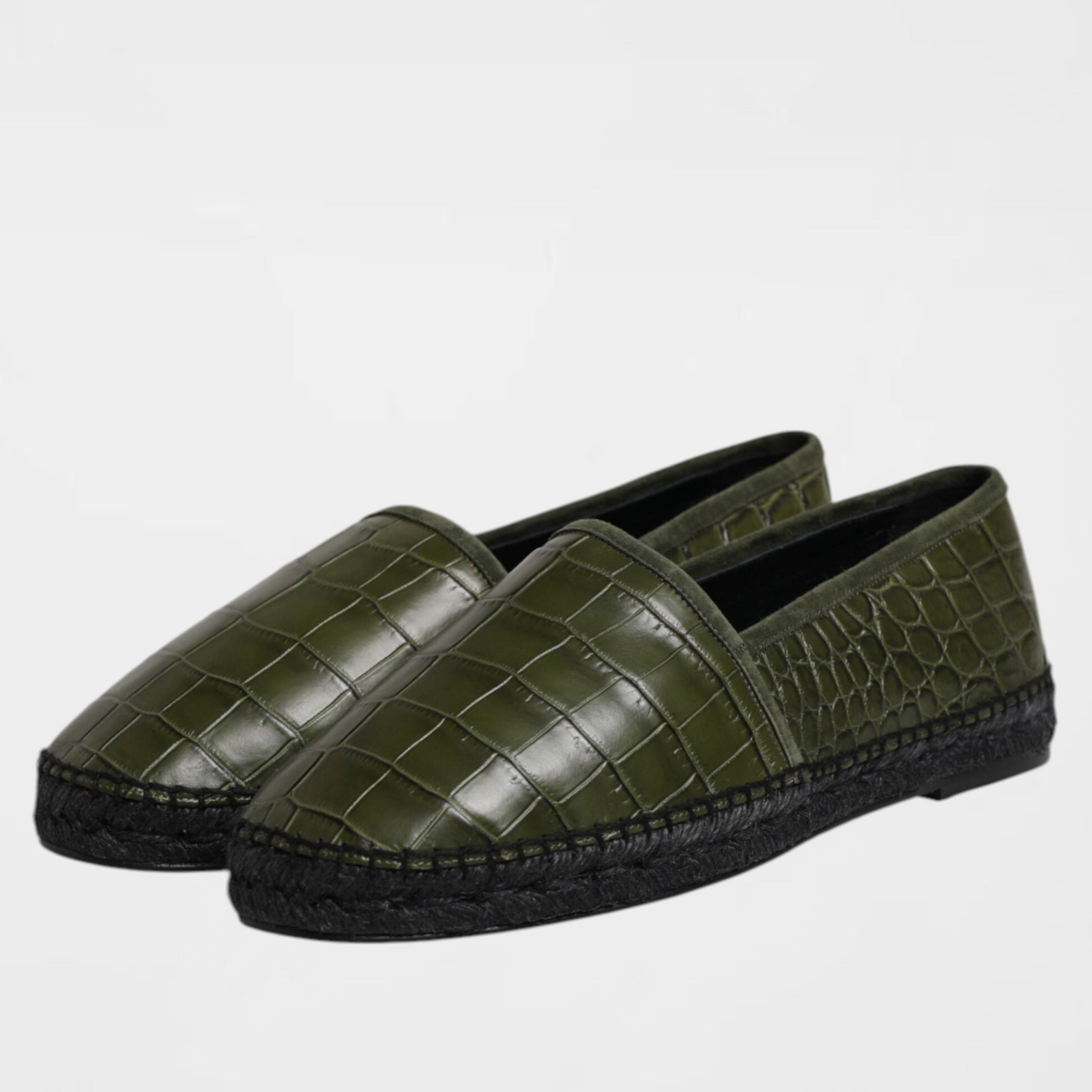 Мъжки еспадрили от крокодилска кожа
100% Authentic men’s Dolce & Gabbana croco leather espadrille in dark green angled view