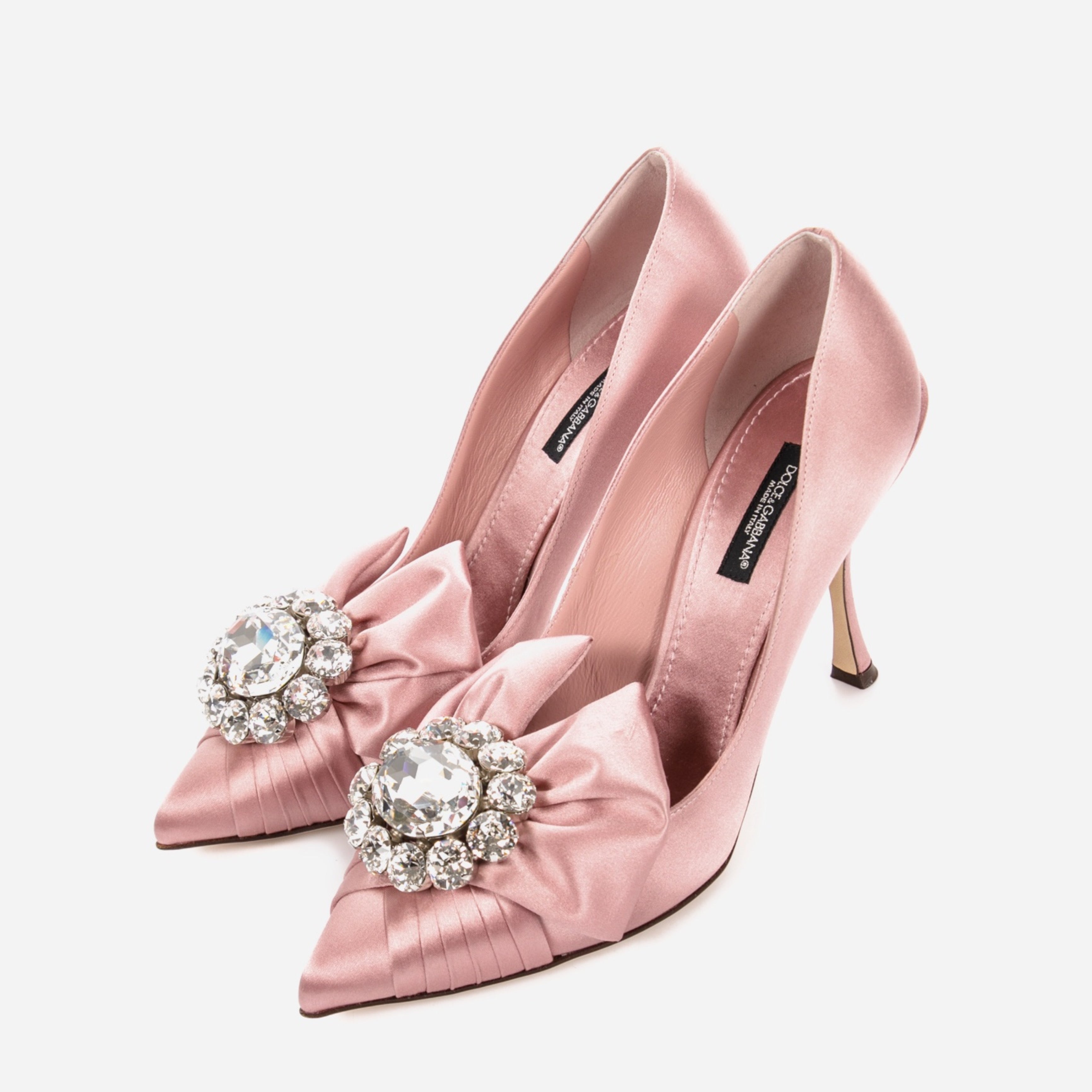 Дамски сатенени обувки на висок ток с кристали в розово DOLCE & GABBANA Women’s Pink Satin Heels with Crystals