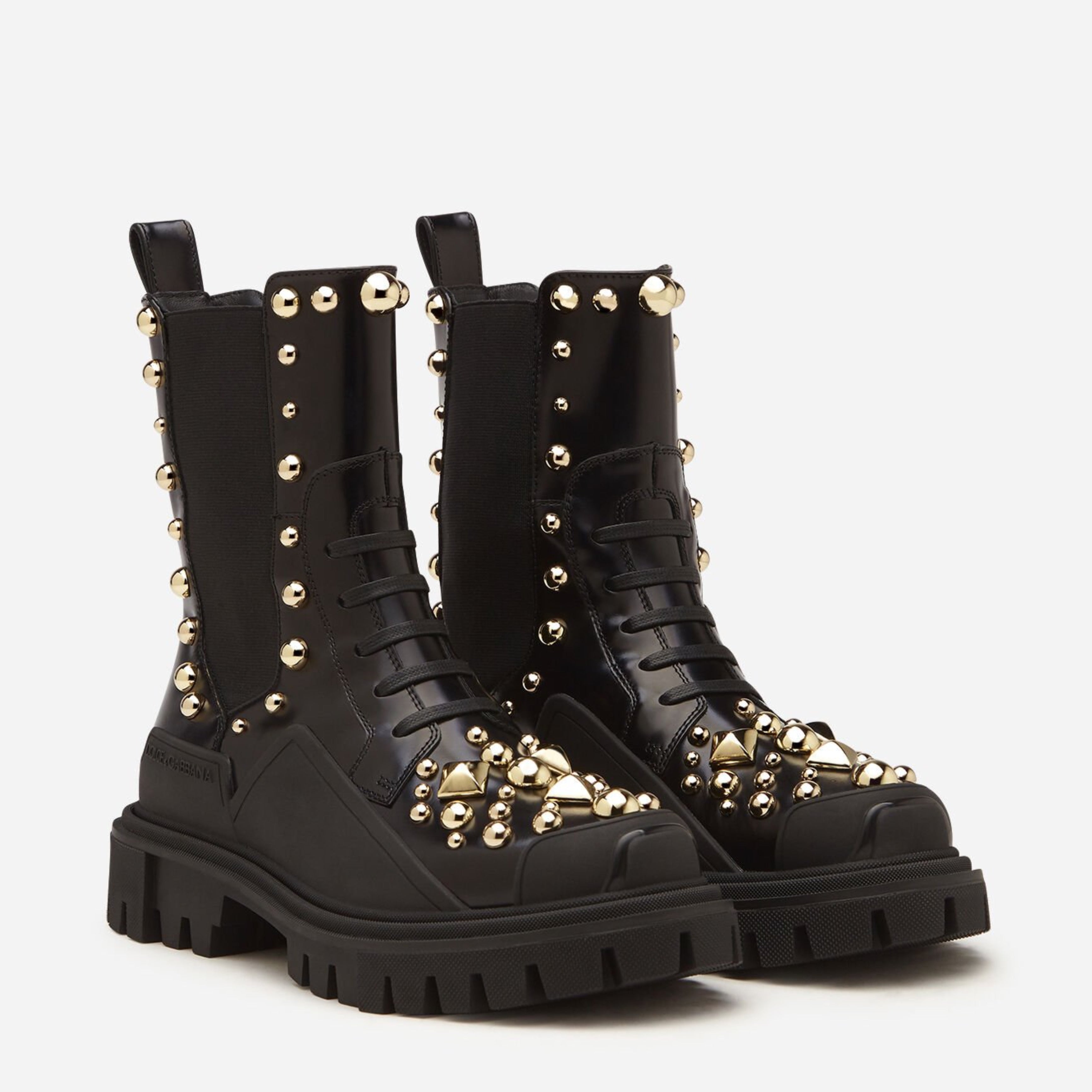 Дамски луксозни черни боти кубинки с капси от естествена кожа DOLCE & GABBANA Women’s Luxury Black Studded Combat Ankle Boots