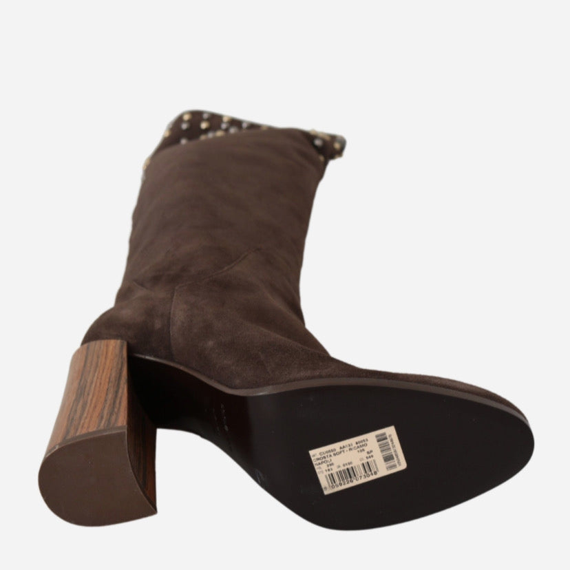 Дамски високи ботуши чизми от велур в кафяво с капси DOLCE & GABBANA Women’s Studded Brown Suede Knee Boots