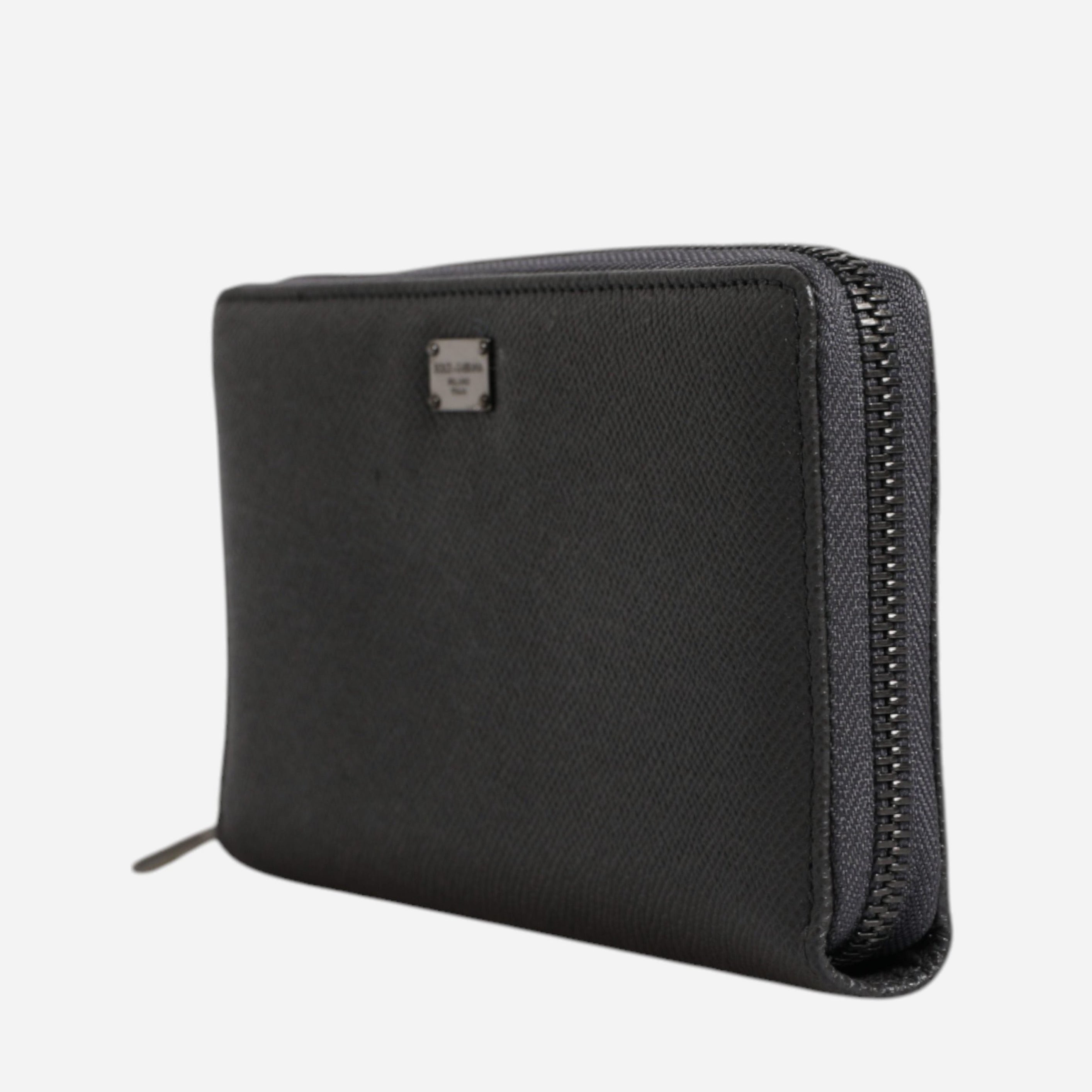 Dolce & Gabbana Dark Gray Leather DG Logo Zip Around Continental Wallet