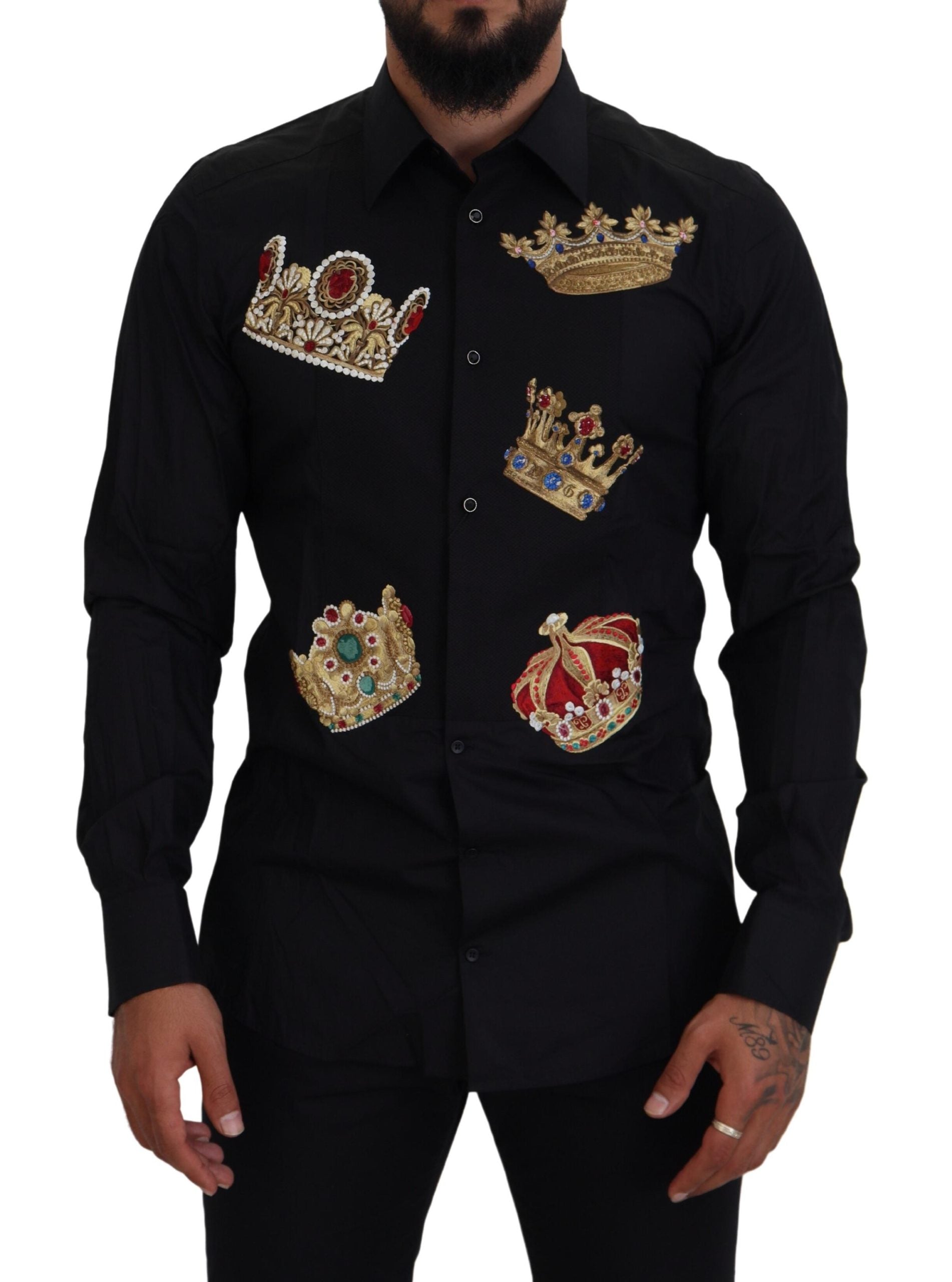 Елегантна черна прилепнала риза Dolce &amp; Gabbana с бродерия на корона