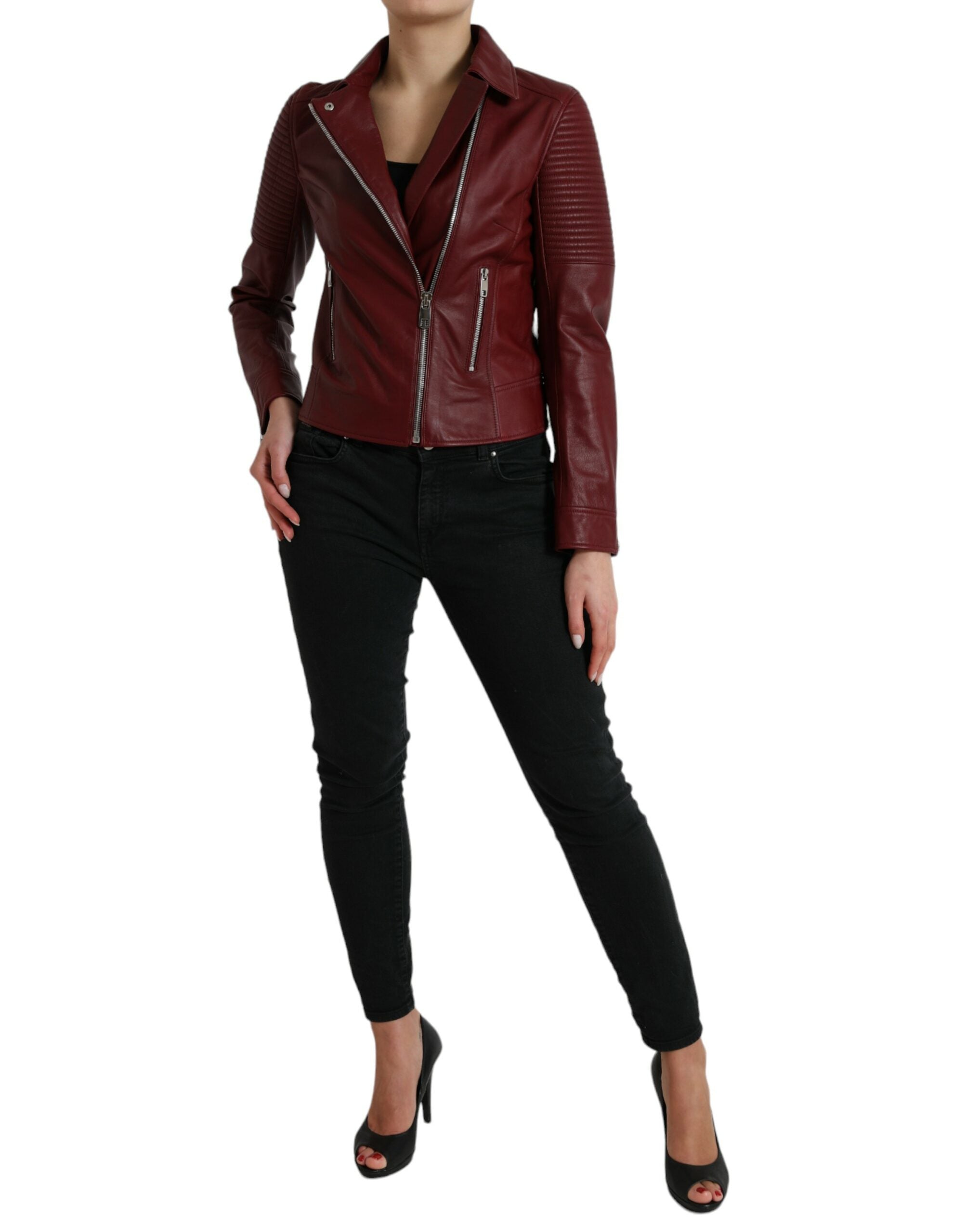 Дамско кожено яке Dolce & Gabbana Women Biker Leather Jacket Bordeaux от естествена кожа в цвят бордо