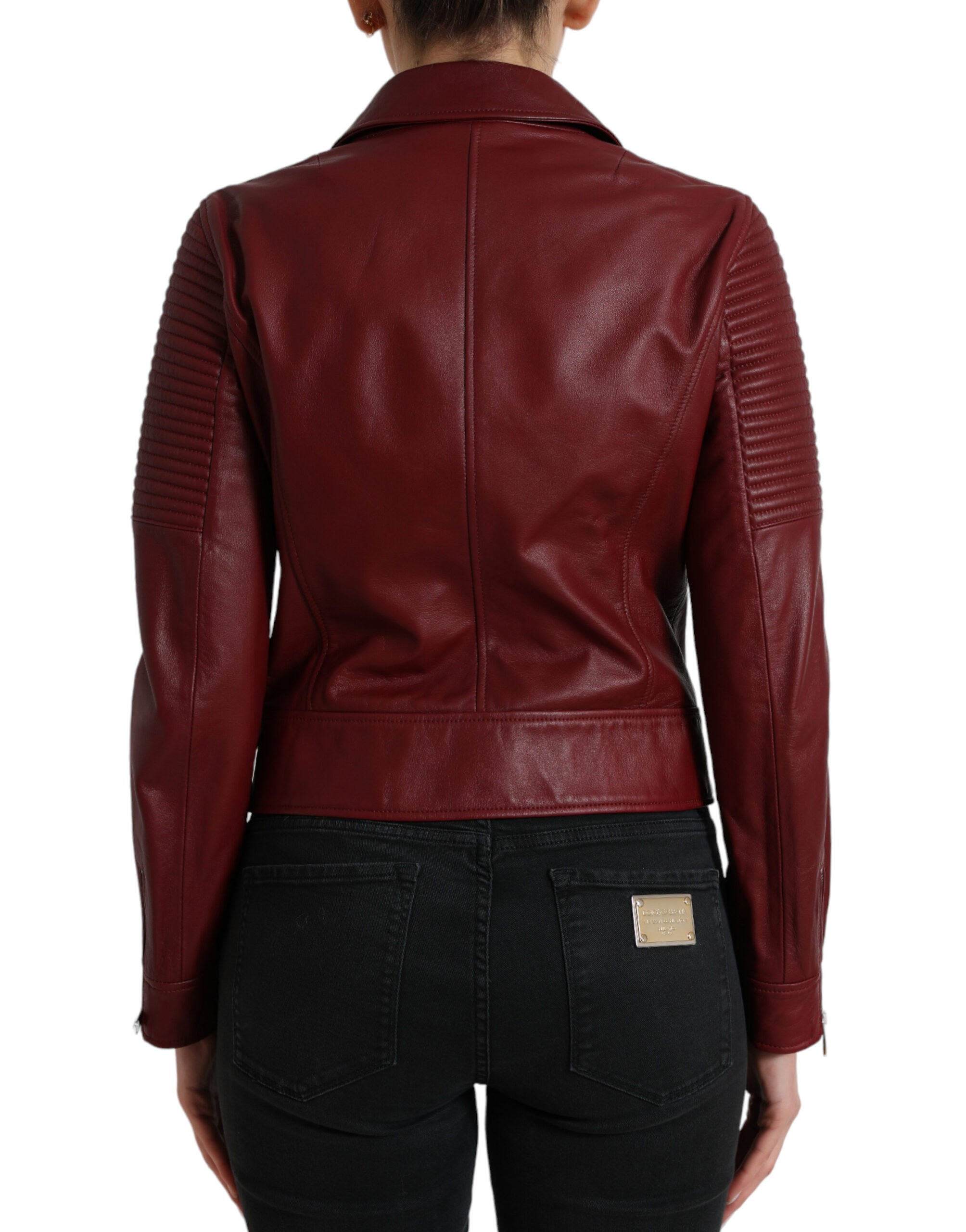 Дамско кожено яке Dolce & Gabbana Women Biker Leather Jacket Bordeaux от естествена кожа в цвят бордо