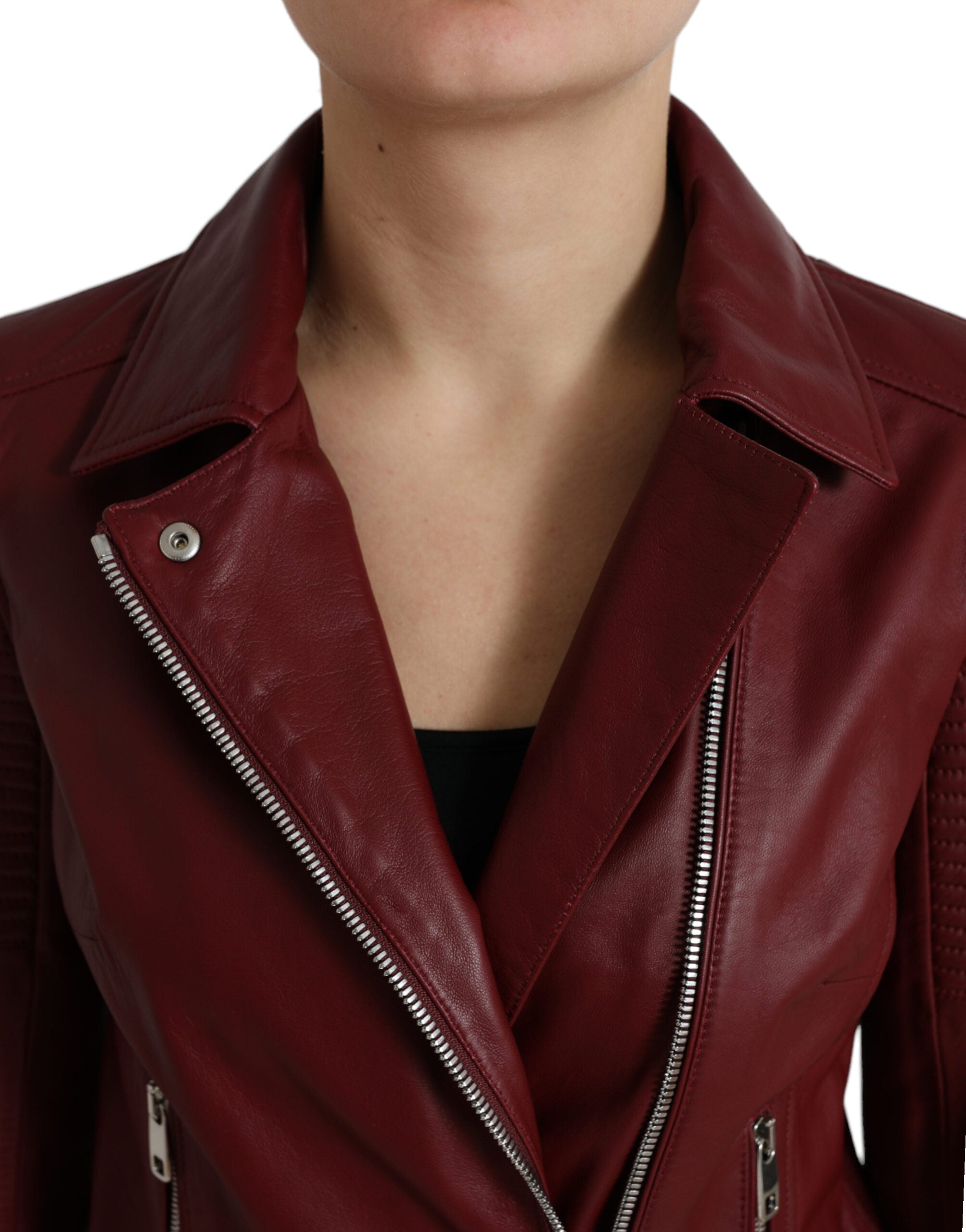 Дамско кожено яке Dolce & Gabbana Women Biker Leather Jacket Bordeaux от естествена кожа в цвят бордо