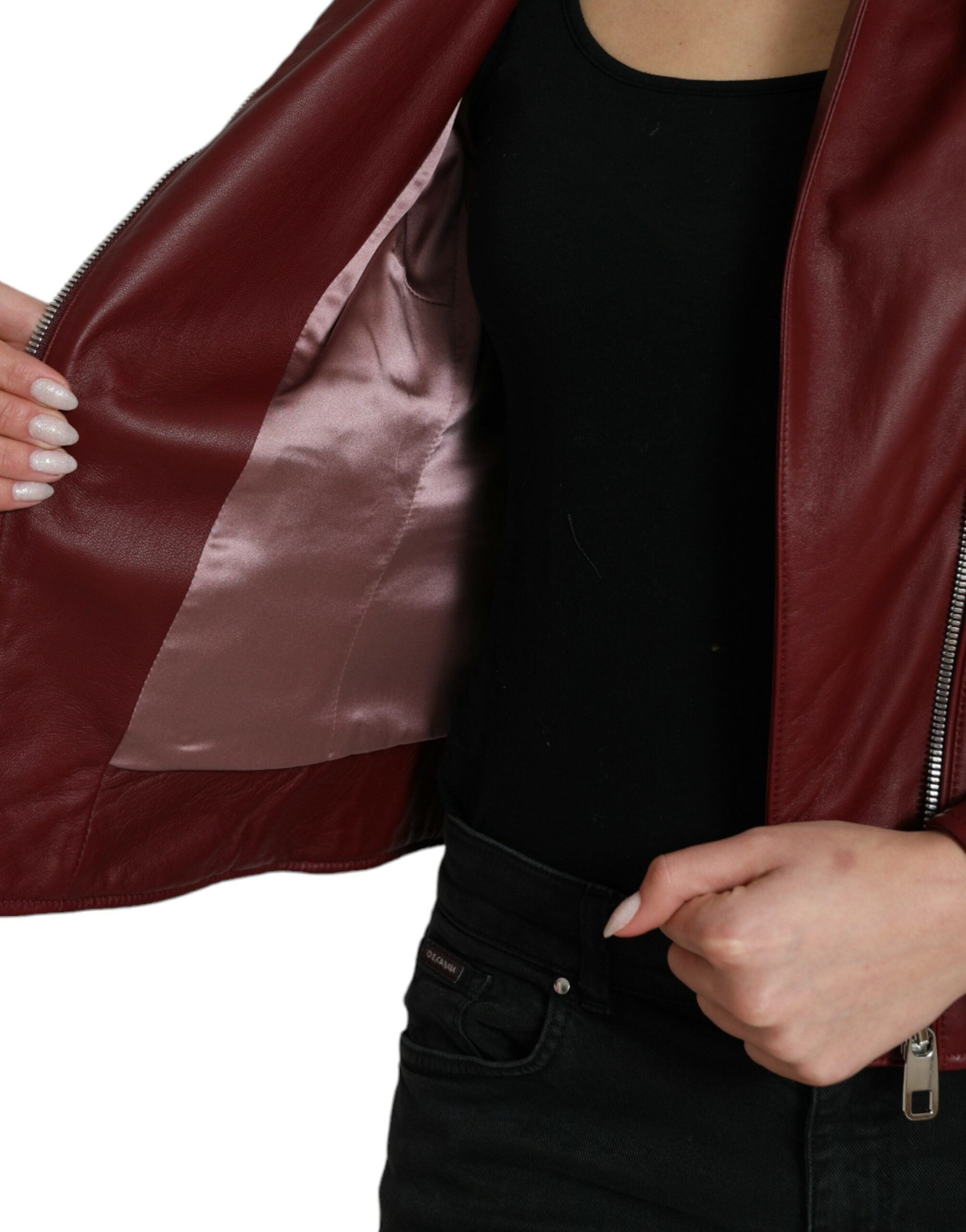 Дамско кожено яке Dolce & Gabbana Women Biker Leather Jacket Bordeaux от естествена кожа в цвят бордо