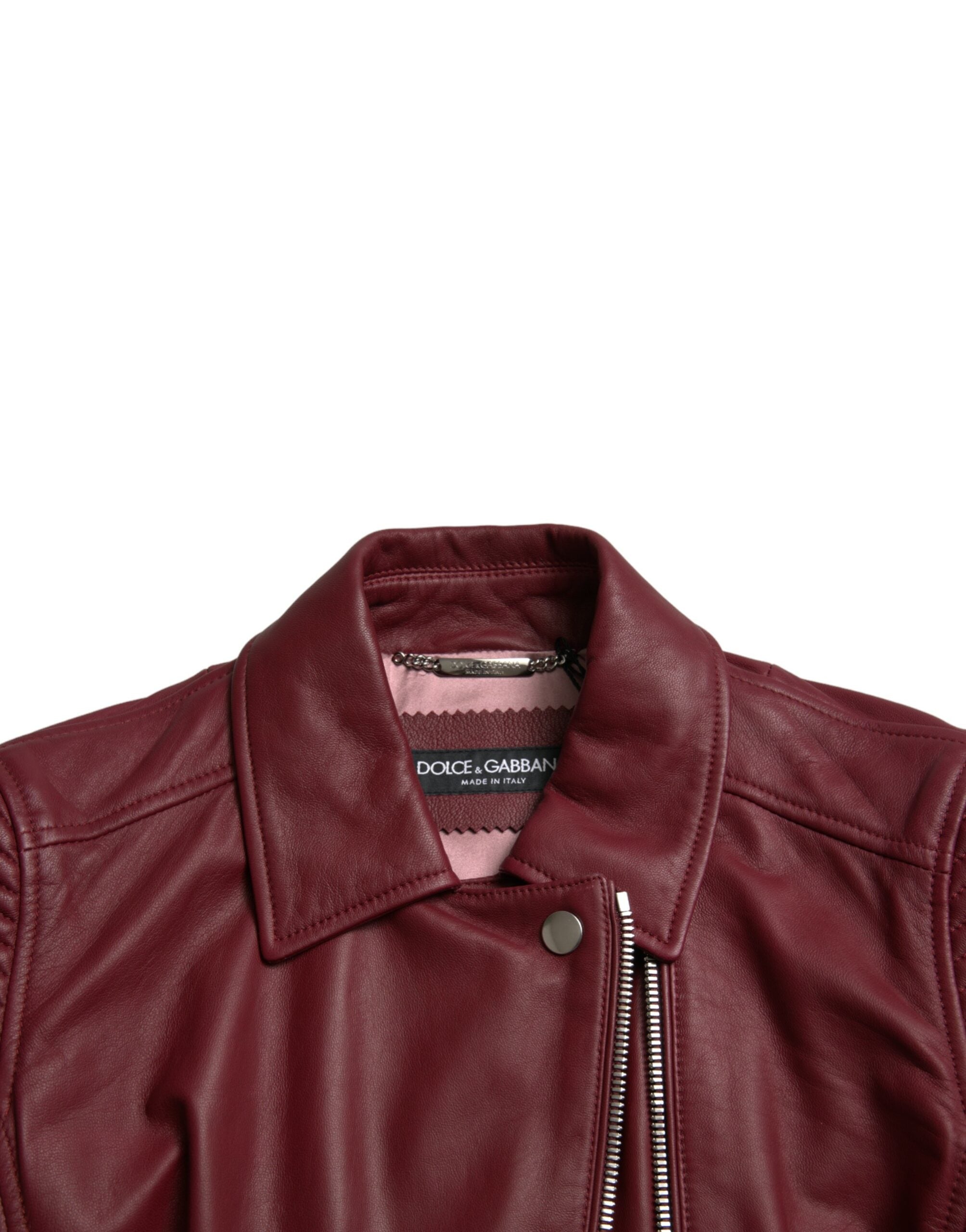 Дамско кожено яке Dolce & Gabbana Women Biker Leather Jacket Bordeaux от естествена кожа в цвят бордо
