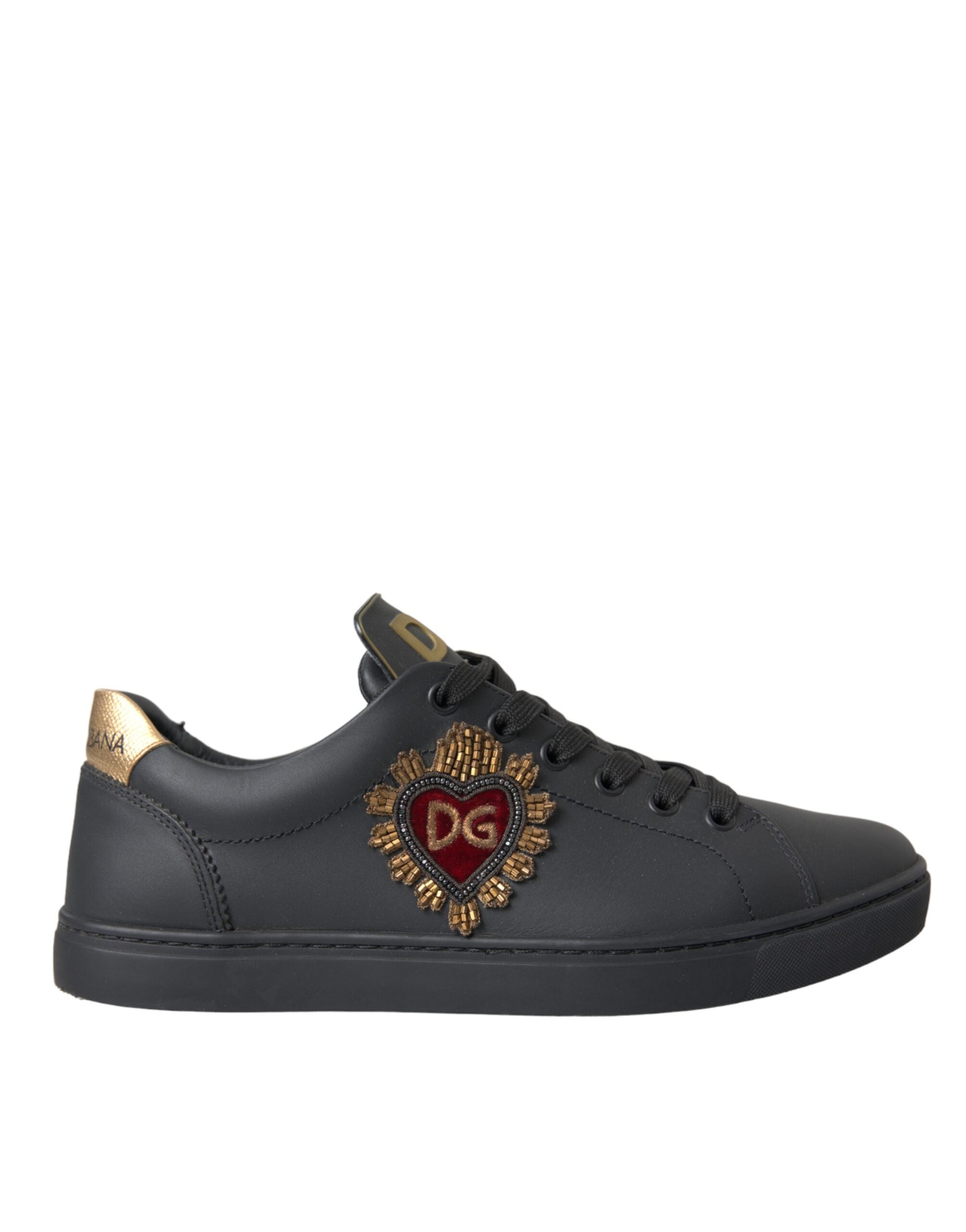 Dolce & Gabbana Black Leather Heart Embellished Sneakers