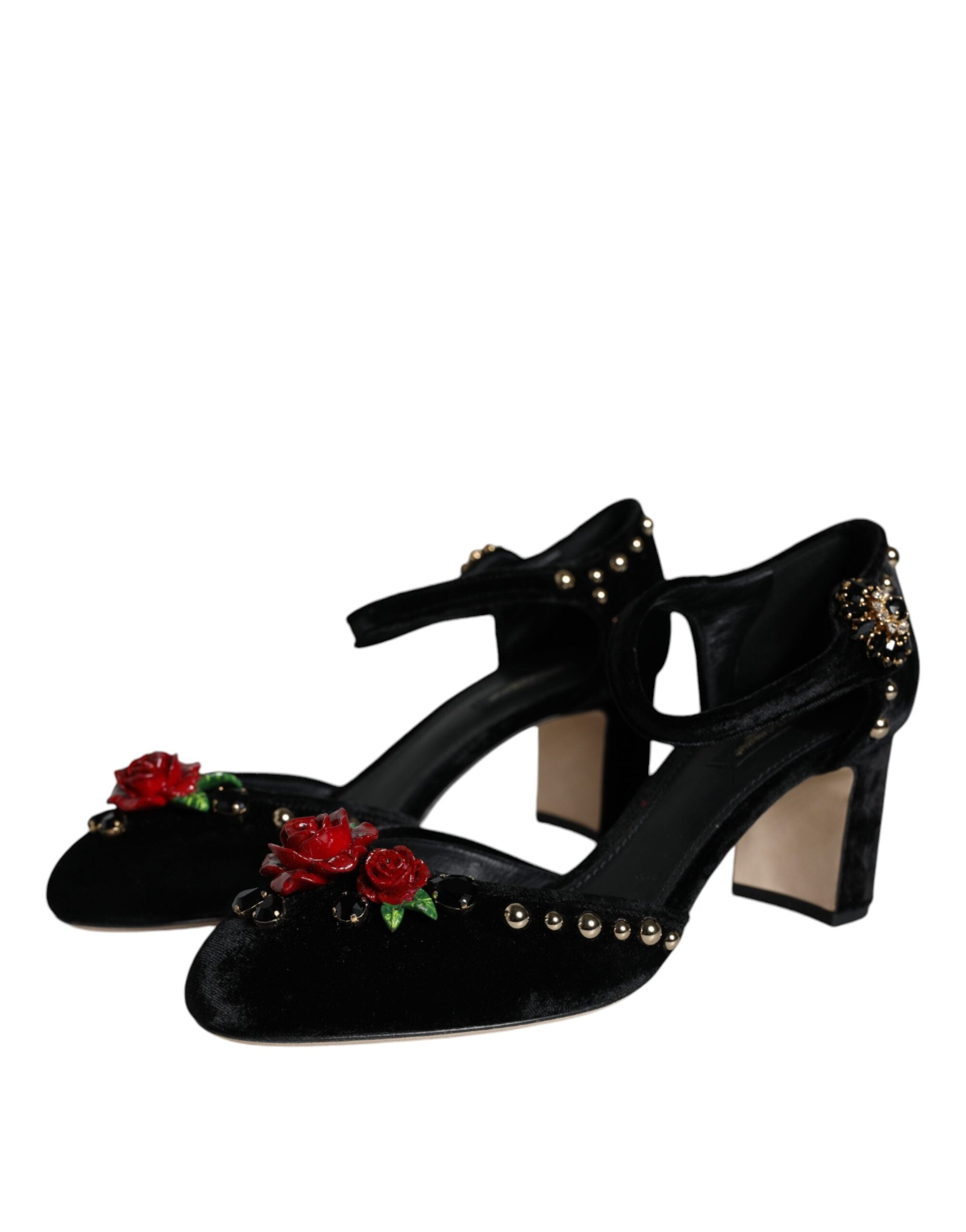 Обувки помпи Dolce &amp; Gabbana с черни кадифени рози и каишки около глезена