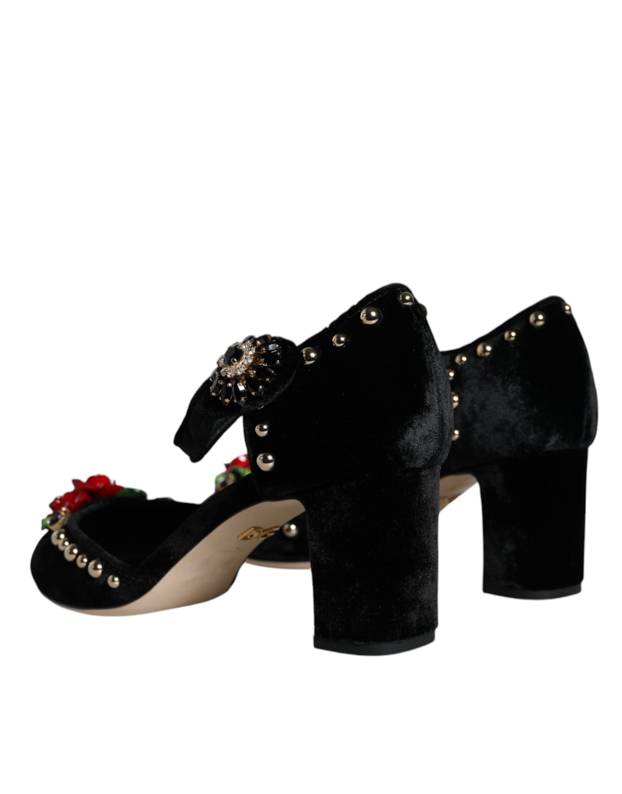 Обувки помпи Dolce &amp; Gabbana с черни кадифени рози и каишки около глезена