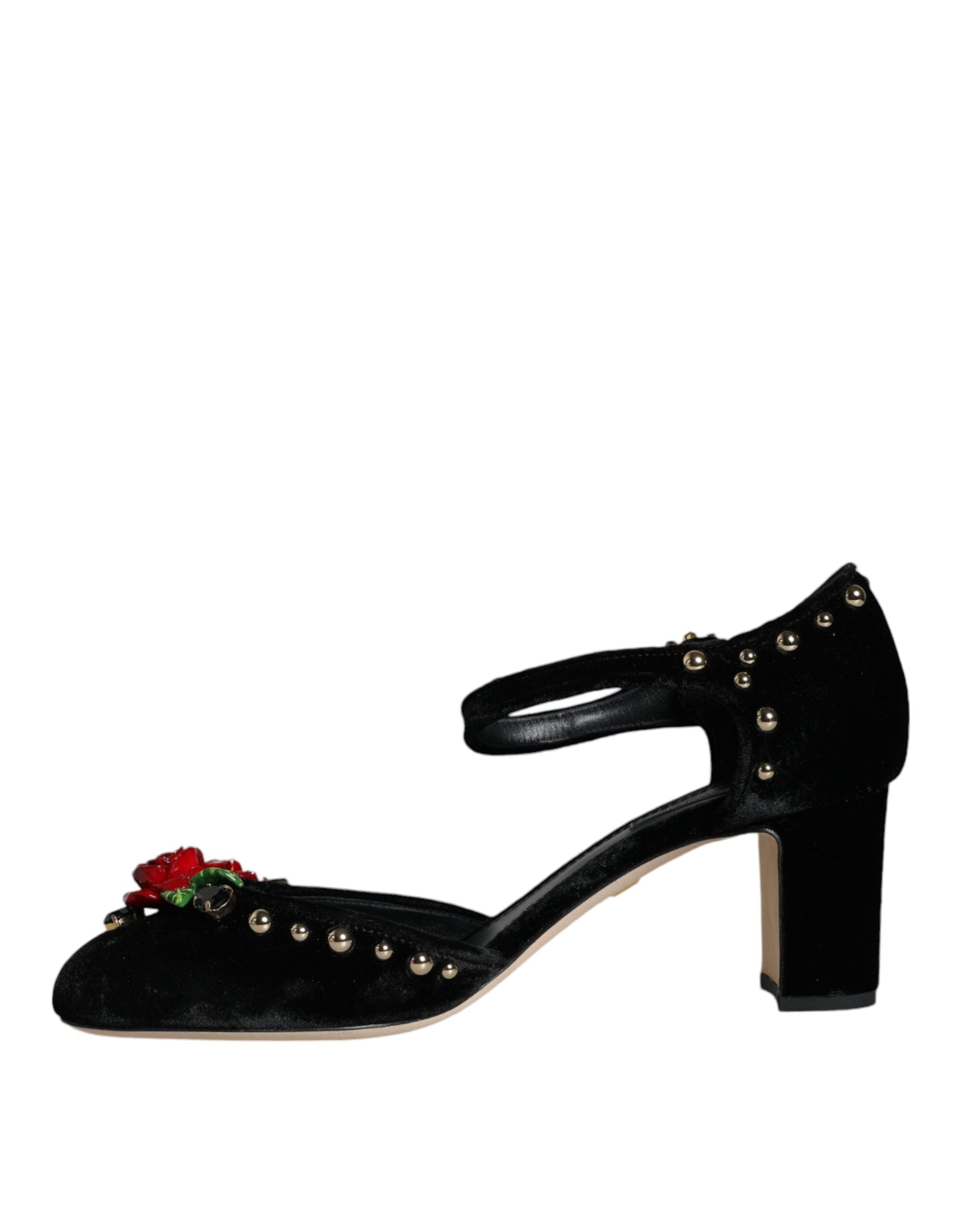 Обувки помпи Dolce &amp; Gabbana с черни кадифени рози и каишки около глезена
