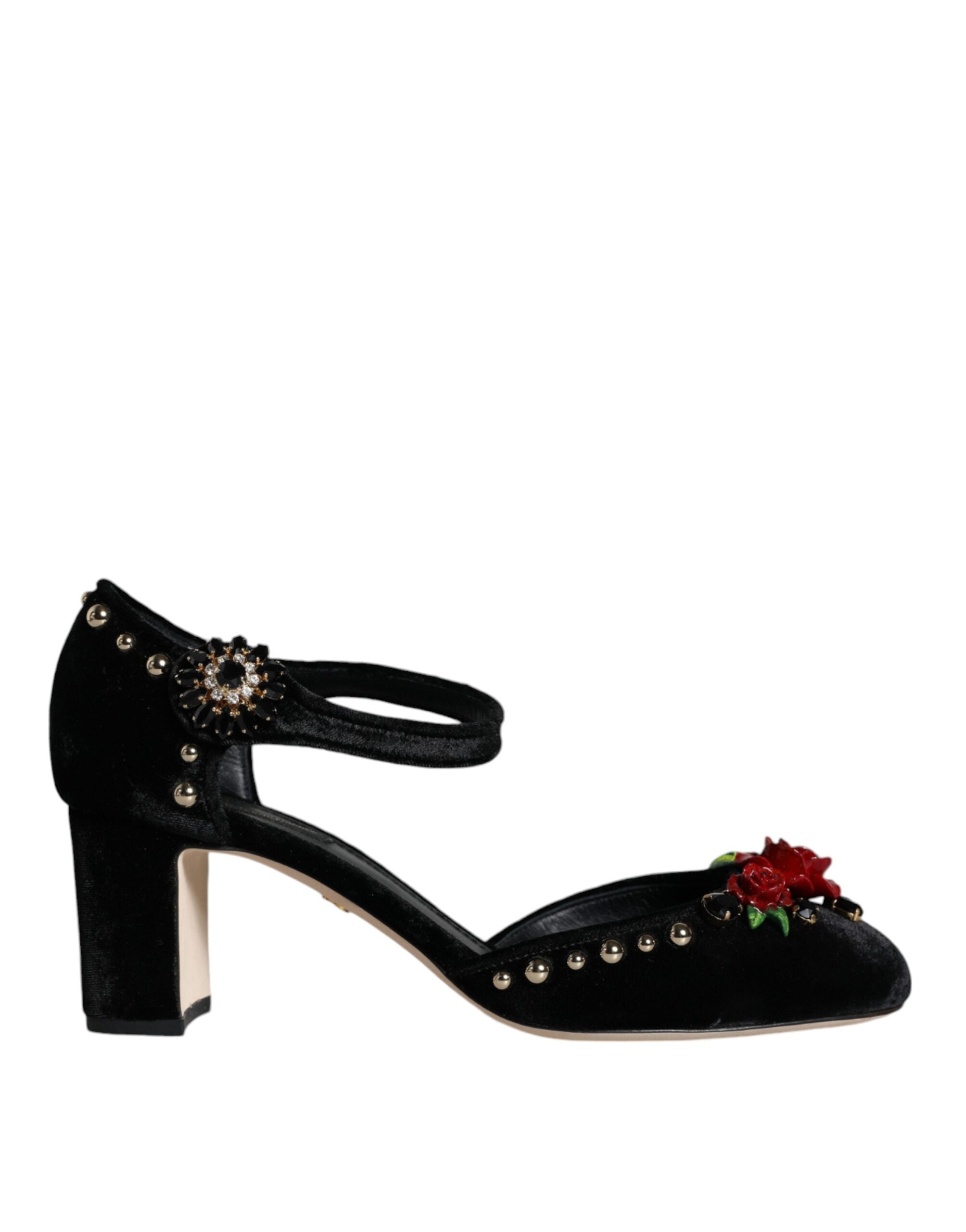 Обувки помпи Dolce &amp; Gabbana с черни кадифени рози и каишки около глезена