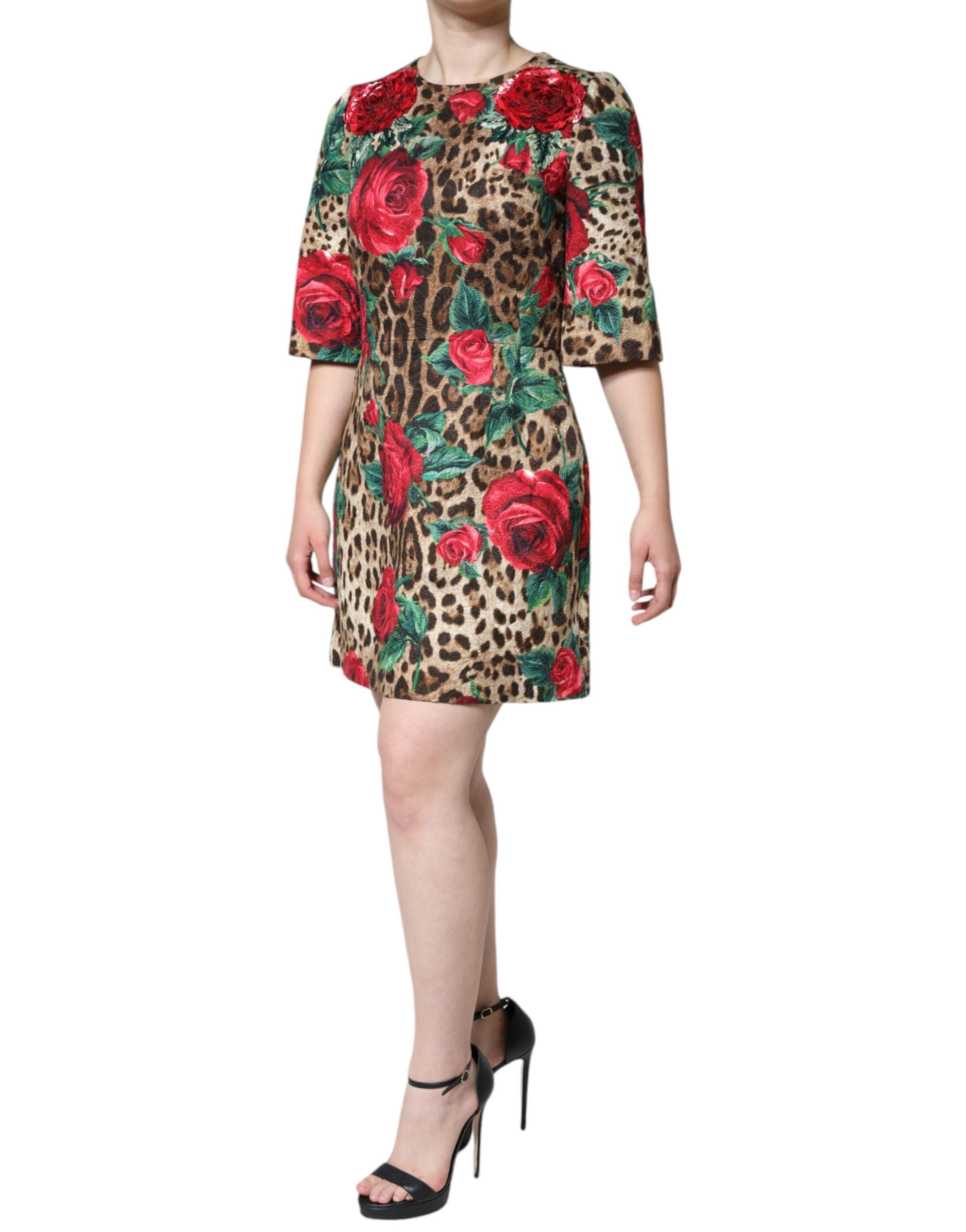 Dolce &amp; Gabbana, кафява рокля с леопард и червени рози, памучна А-силует