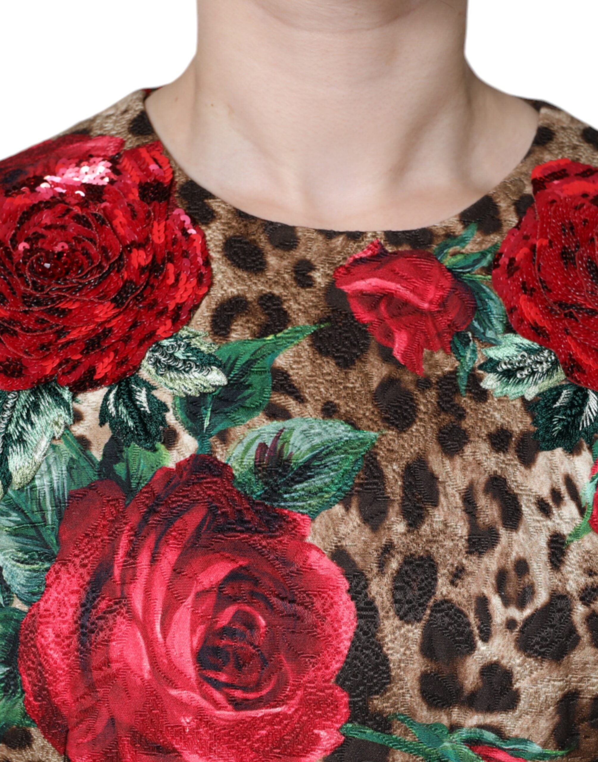 Dolce &amp; Gabbana, кафява рокля с леопард и червени рози, памучна А-силует