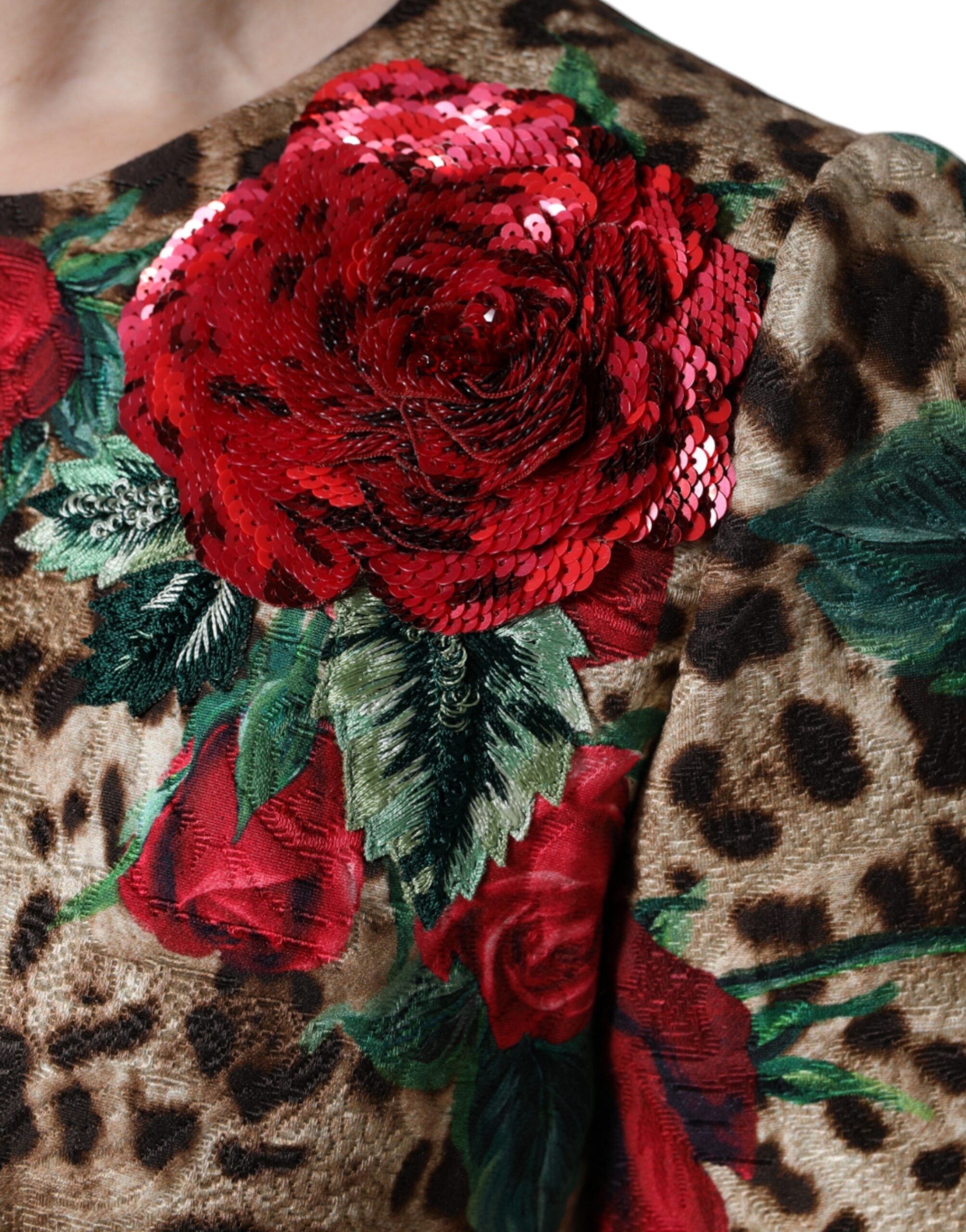 Dolce &amp; Gabbana, кафява рокля с леопард и червени рози, памучна А-силует