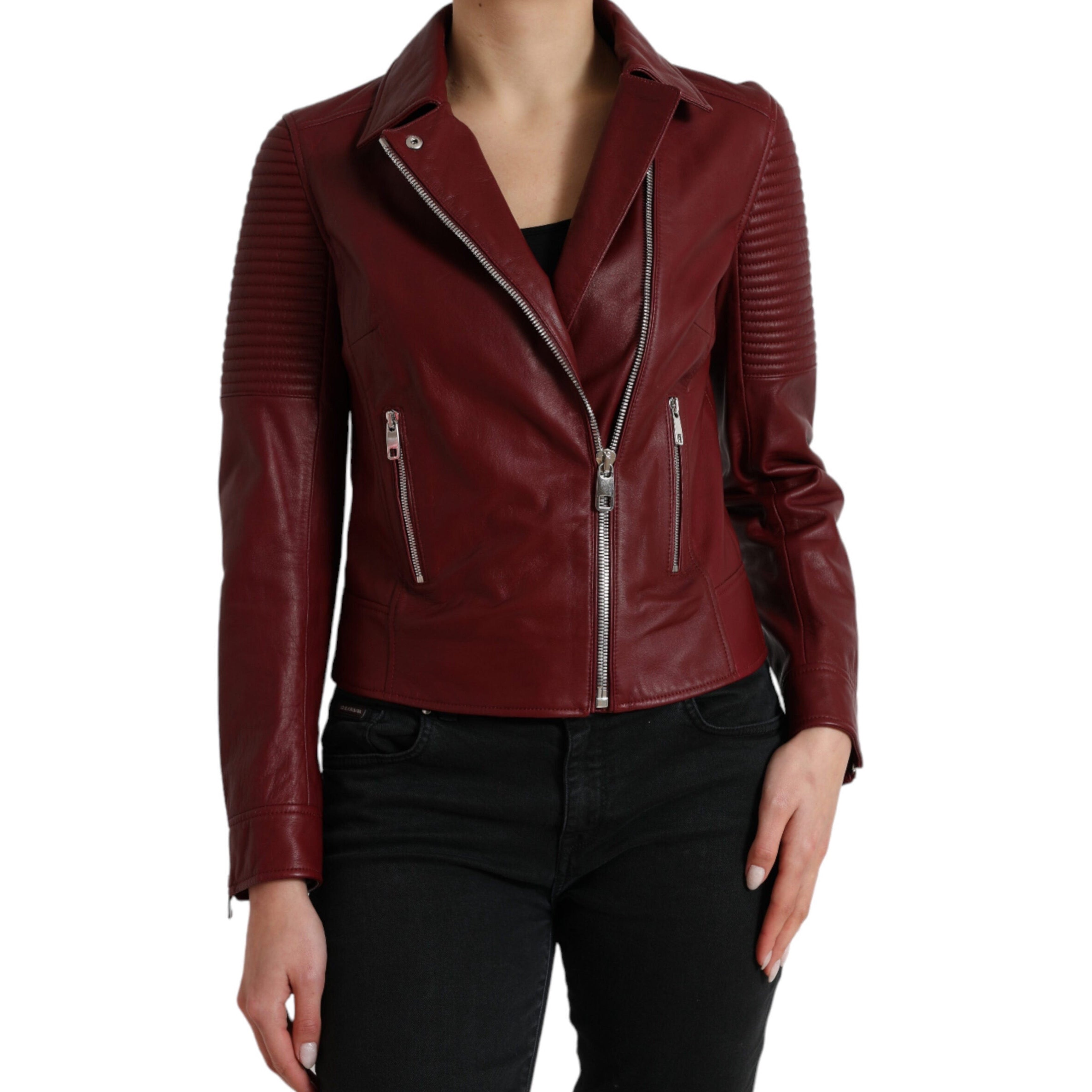 Дамско кожено яке Dolce & Gabbana Women Biker Leather Jacket Bordeaux от естествена кожа в цвят бордо