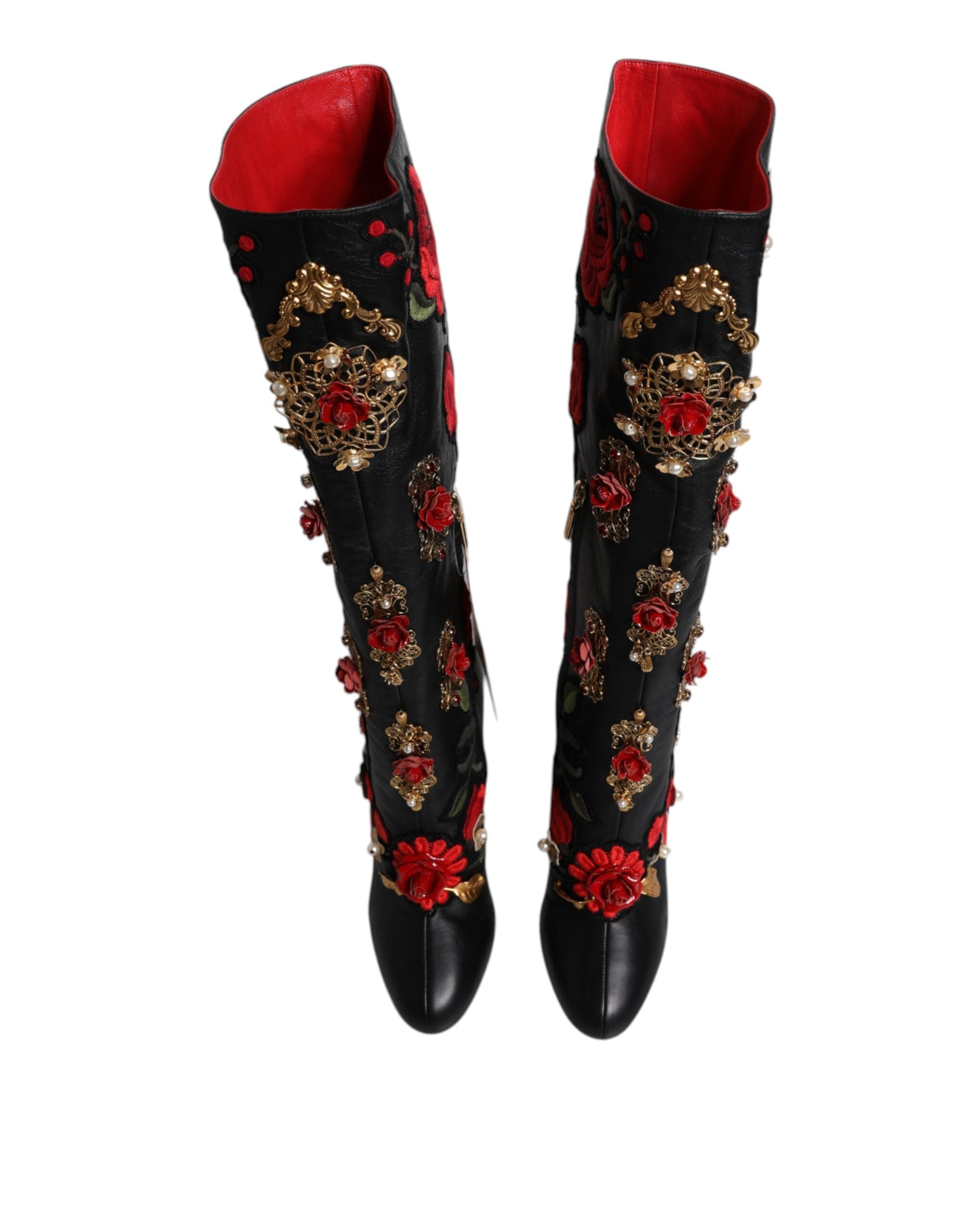 Dolce &amp; Gabbana Черни рози, украсени кожени ботуши на ток Обувки