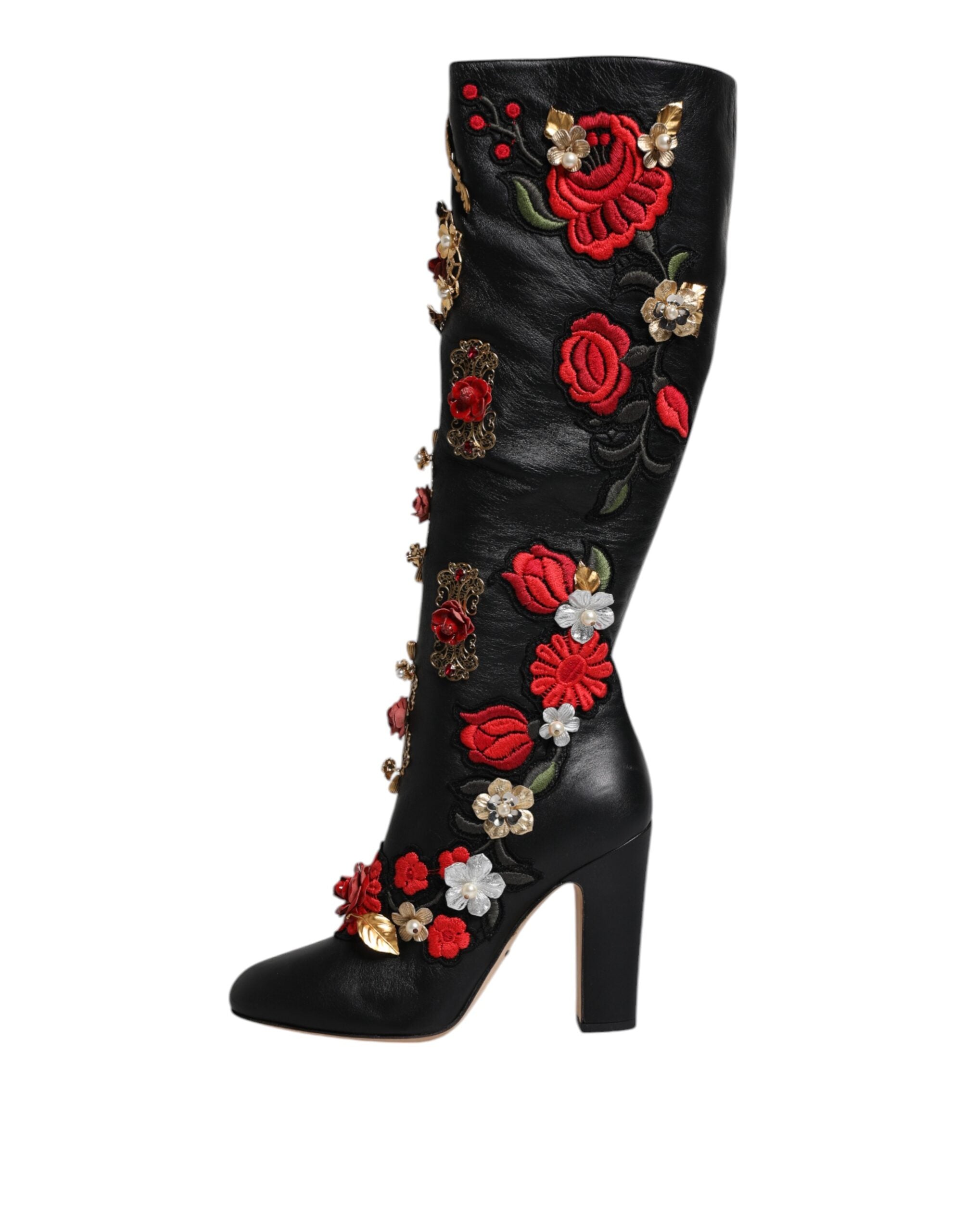 Dolce &amp; Gabbana Черни рози, украсени кожени ботуши на ток Обувки
