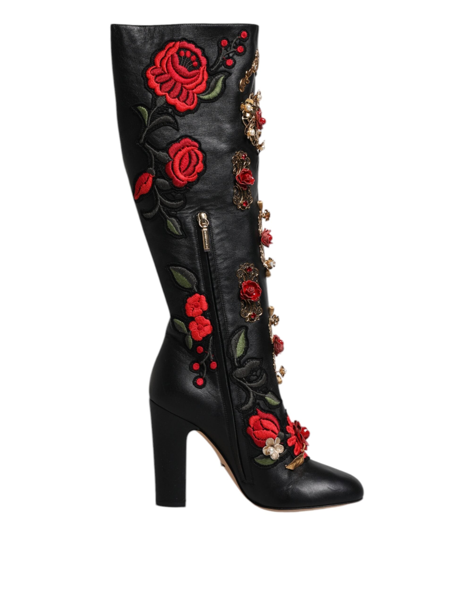 Dolce &amp; Gabbana Черни рози, украсени кожени ботуши на ток Обувки