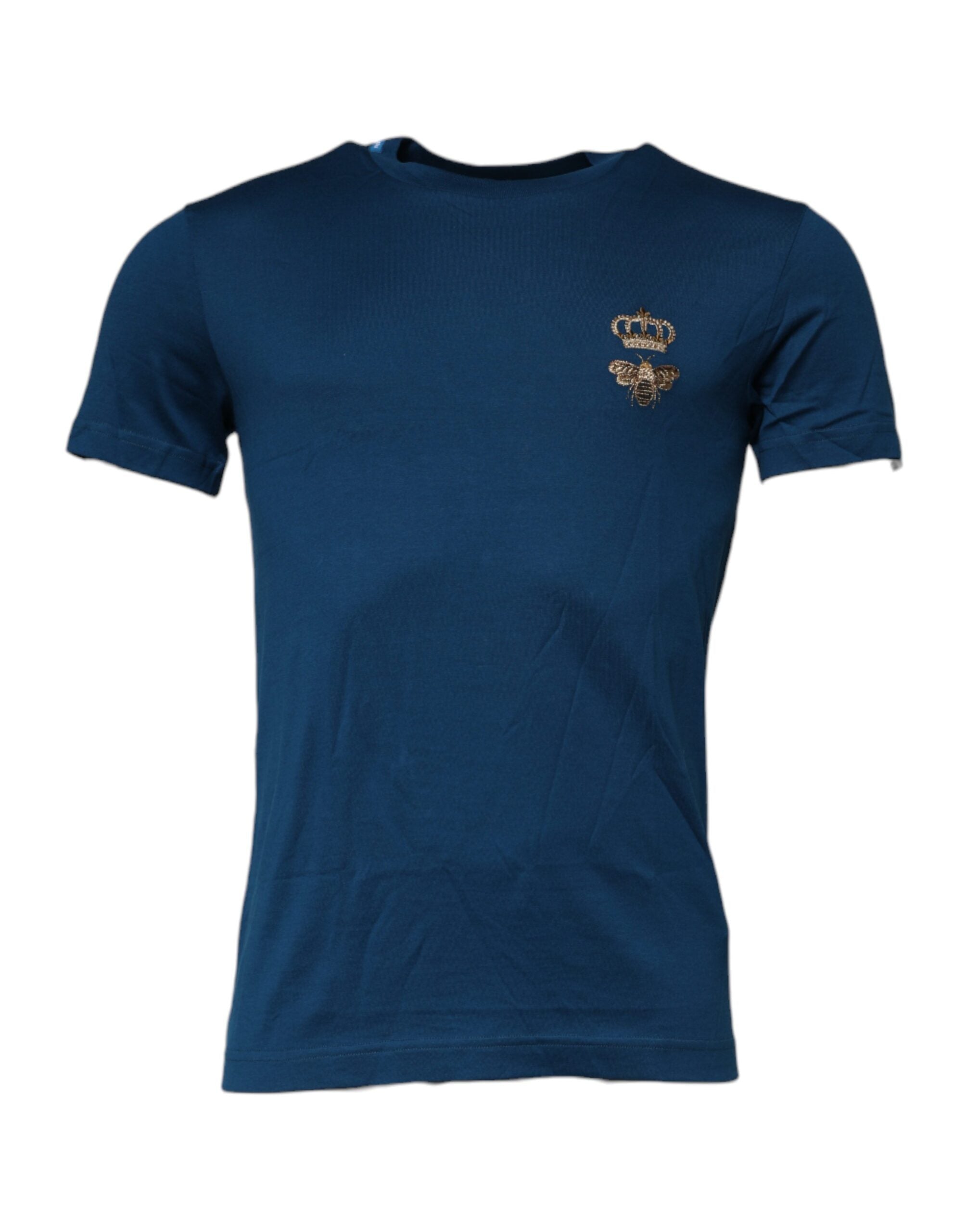 Dolce &amp; Gabbana Blue Crown Bee Cotton Мъжка тениска с кръгло деколте