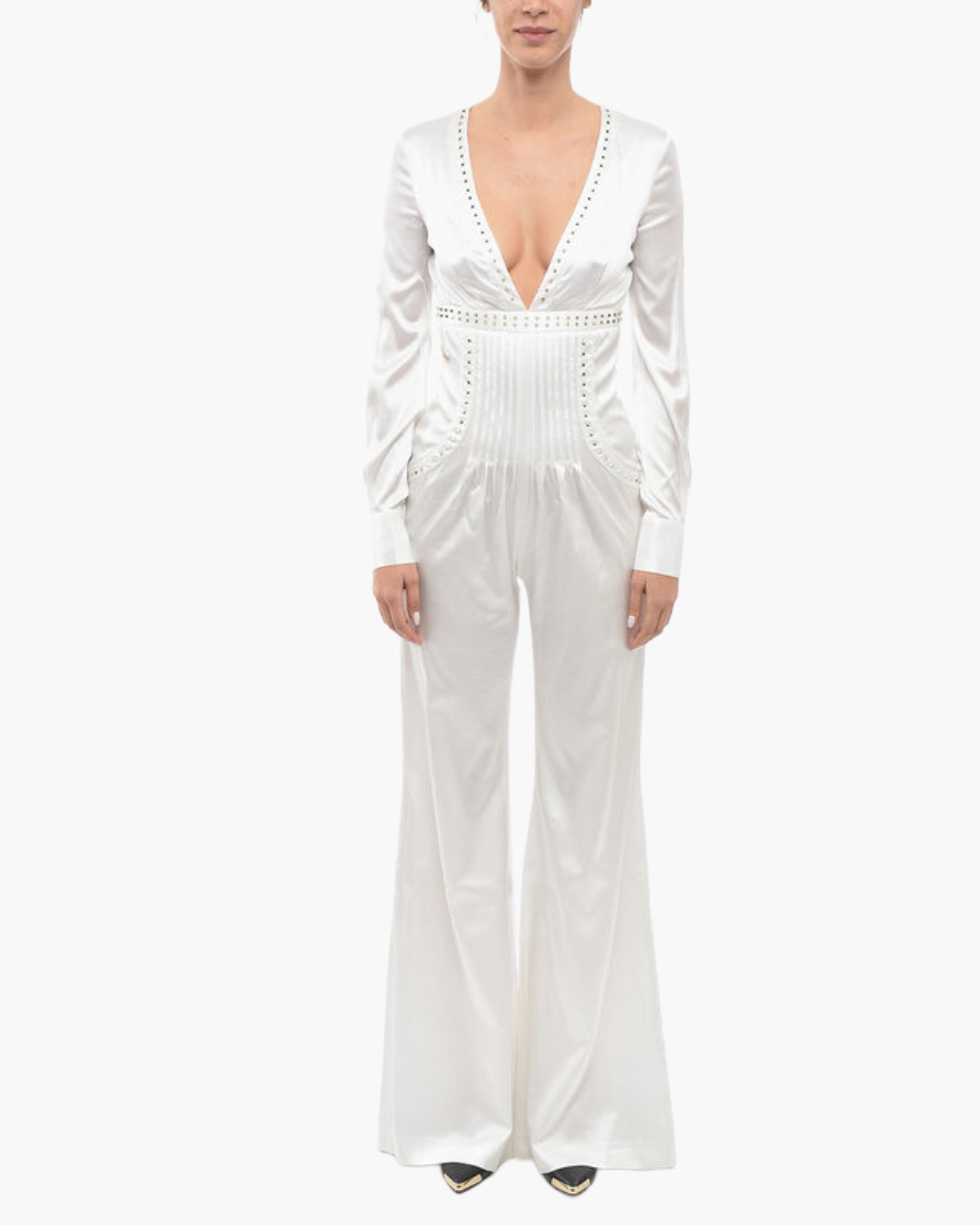Дамски луксозен бял сатенен гащеризон с капси Women’s satin jumpsuit Philipp Plein White front view