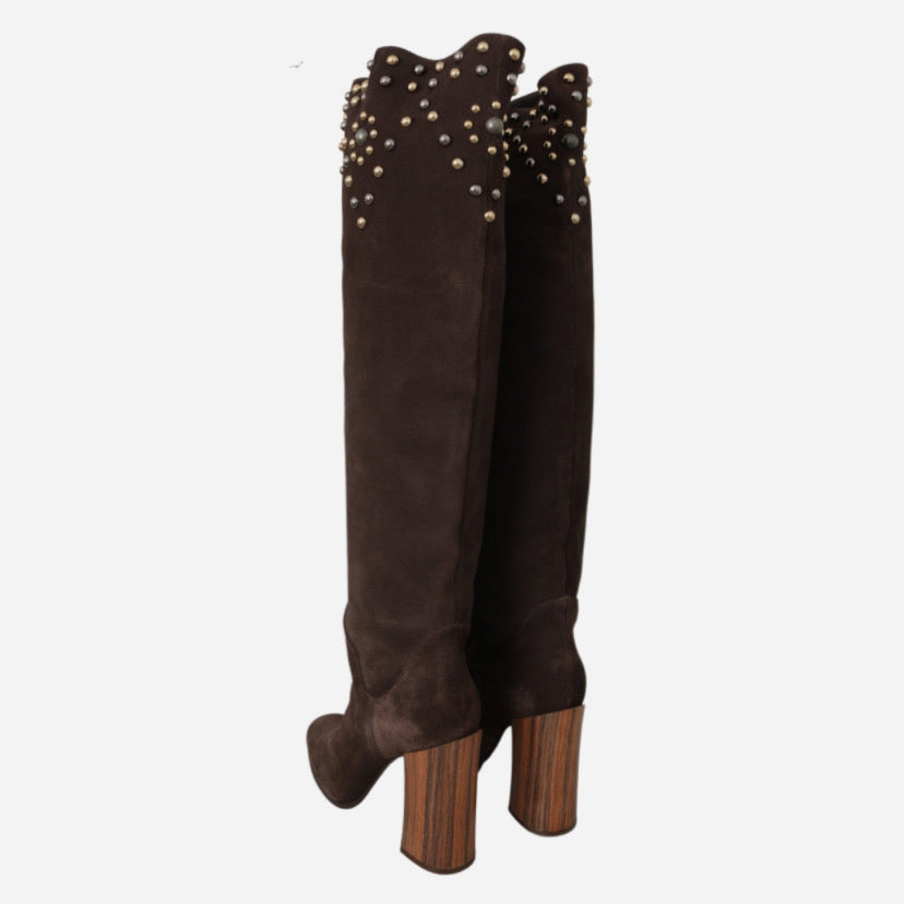 Дамски високи ботуши чизми от велур в кафяво с капси DOLCE & GABBANA Women’s Studded Brown Suede Knee Boots