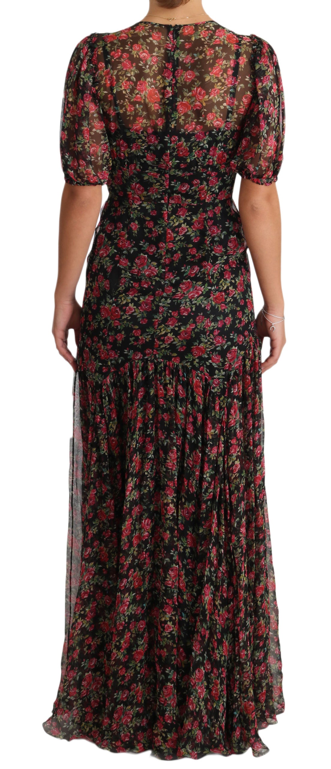 Dolce &amp; Gabbana Елегантна черна копринена рокля с флорална линия