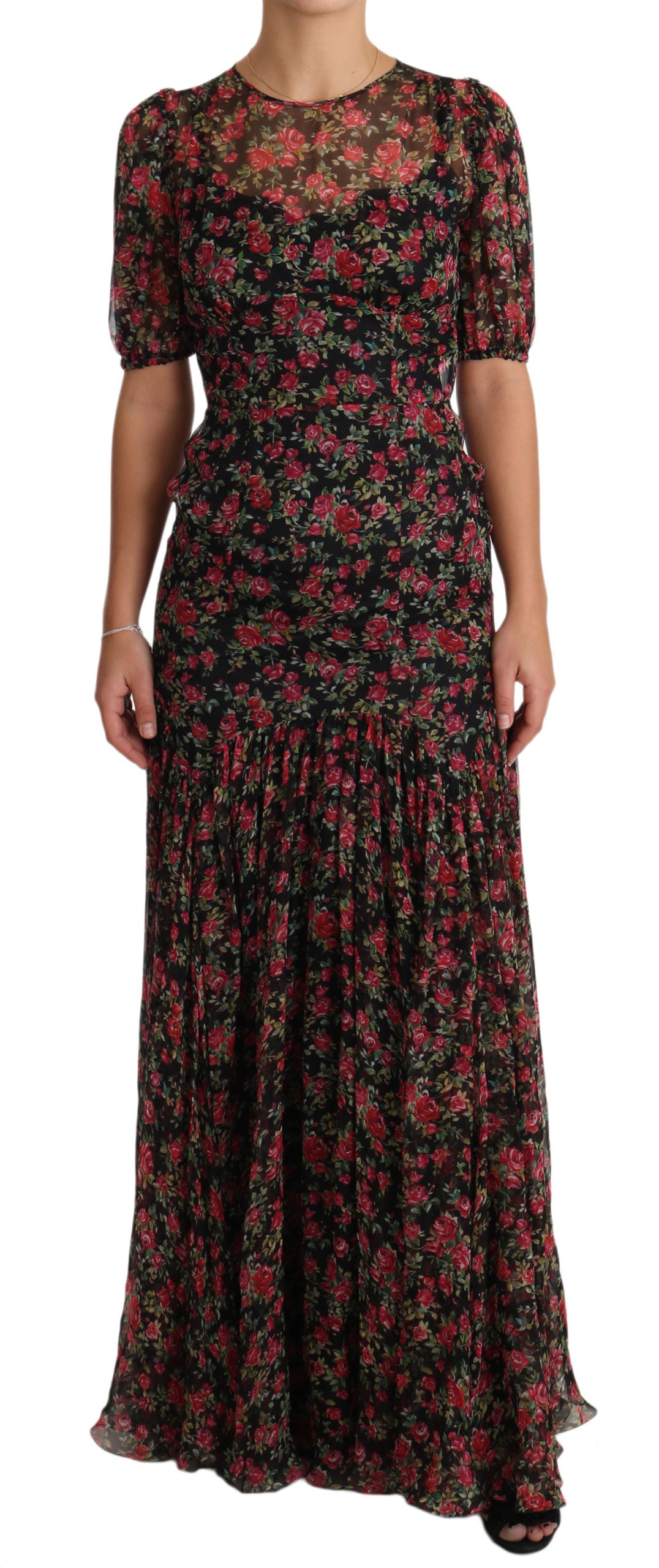 Dolce &amp; Gabbana Елегантна черна копринена рокля с флорална линия
