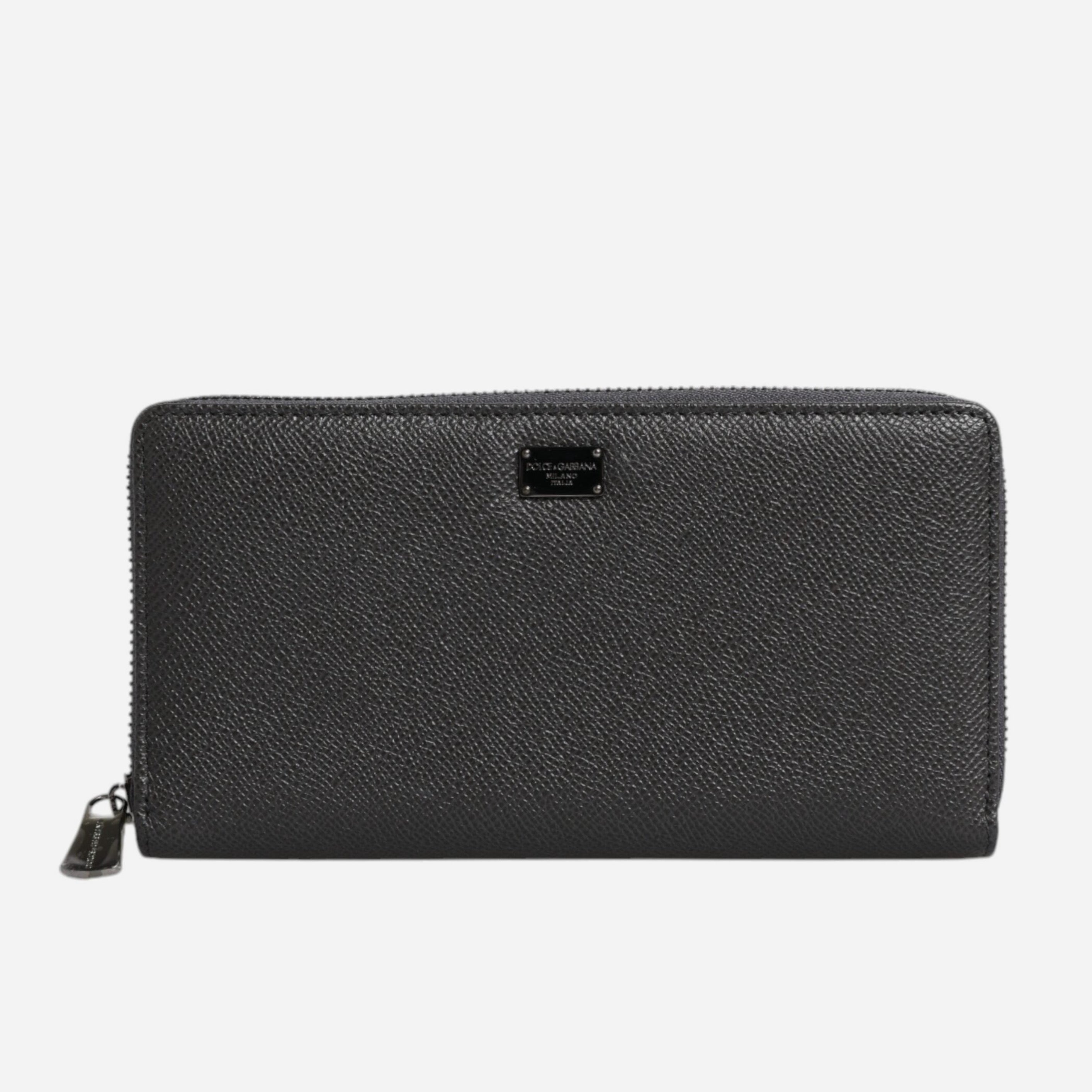 Dolce & Gabbana Dark Gray Leather DG Logo Zip Around Continental Wallet