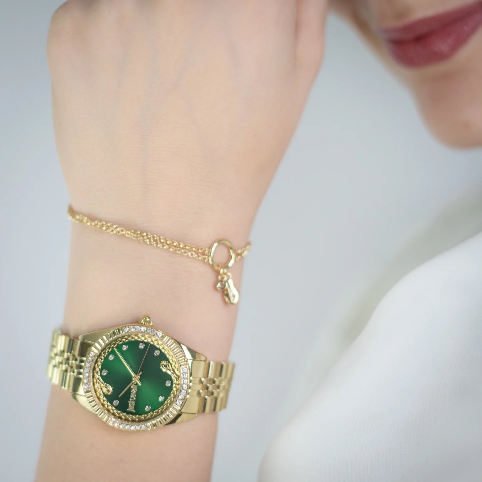 Комплект дамски часовник и гривна Women’s watch Just Cavalli SET Vittoria Glam JC1L361M0065 Yellow Gold Green
