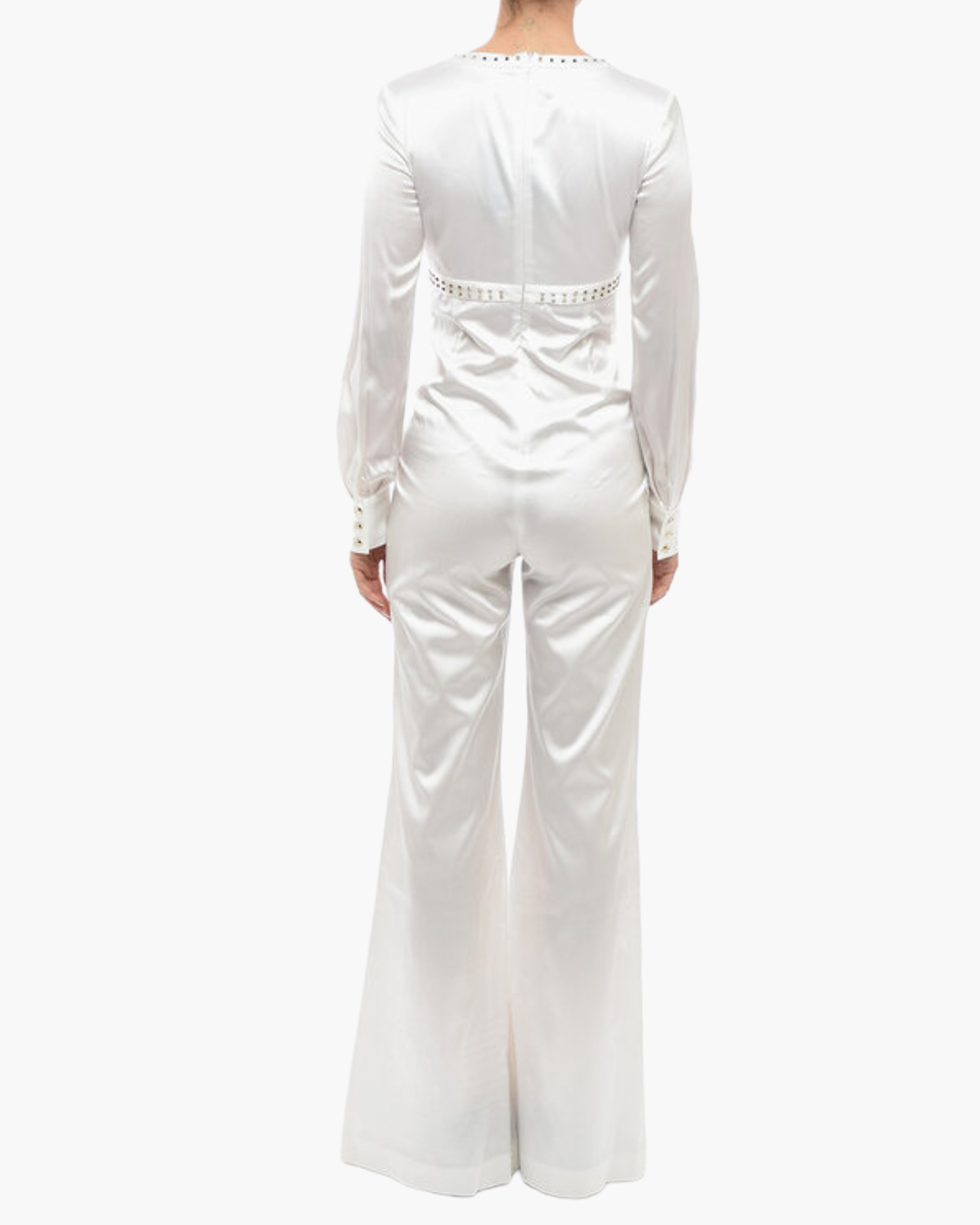 Дамски луксозен бял сатенен гащеризон с капси Women’s satin jumpsuit Philipp Plein White back view