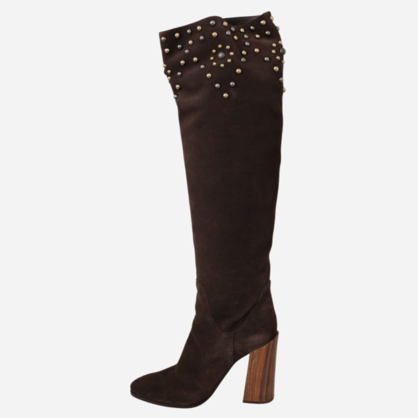 Дамски високи ботуши чизми от велур в кафяво с капси DOLCE & GABBANA Women’s Studded Brown Suede Knee Boots