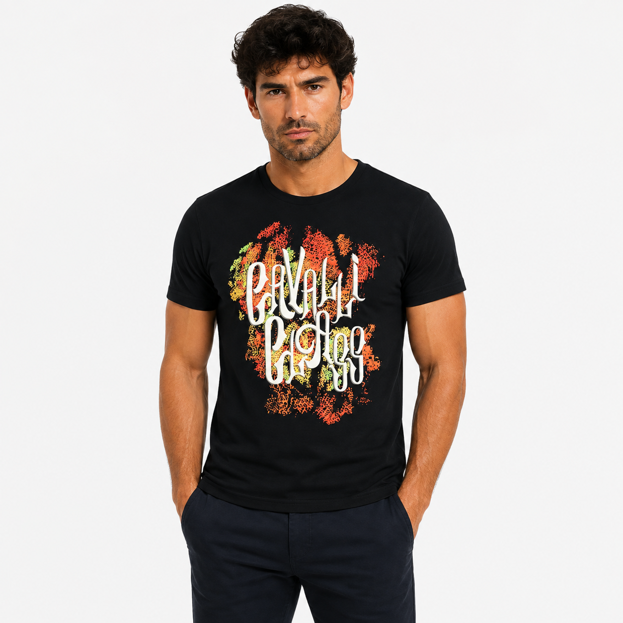 Мъжка черна тениска Cavalli Class Men T-shirt QXT61M JD060 05051 Front View