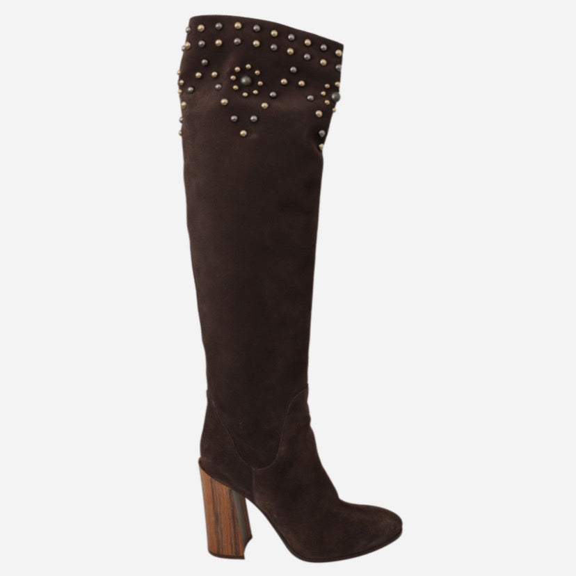 Дамски високи ботуши чизми от велур в кафяво с капси DOLCE & GABBANA Women’s Studded Brown Suede Knee Boots