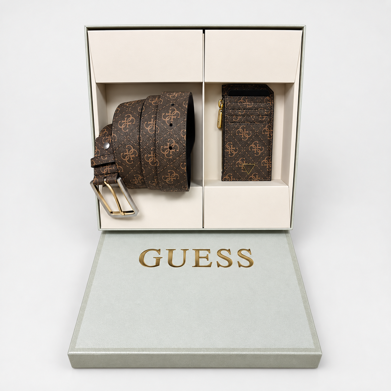 Подаръчен комплект колан и картхолдър Men's belt & cardholder gift box Guess GFBOXMP3305 Brown box view
