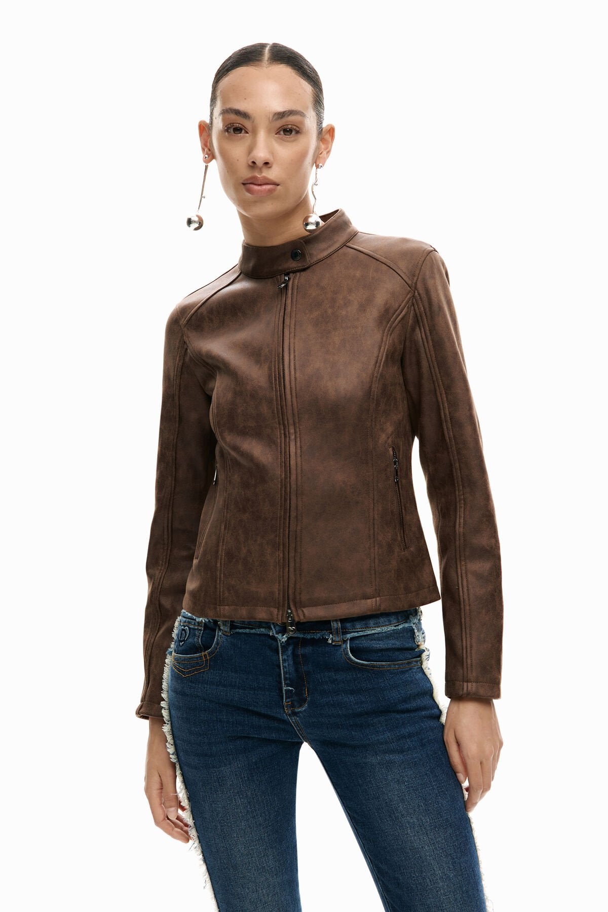 Дамско кожено яке Women’s leather jacket Desigual 26SWEW106029 Brown front view 2