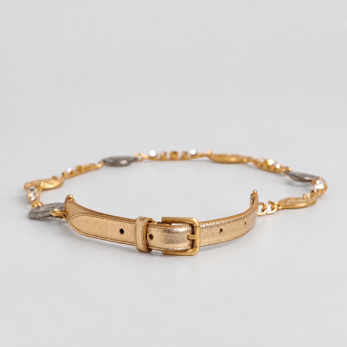 Dolce & Gabbana Gold Brass Chain Coin Embellished Metal Buckle Belt - BE1037 A1016 - studio view 3
